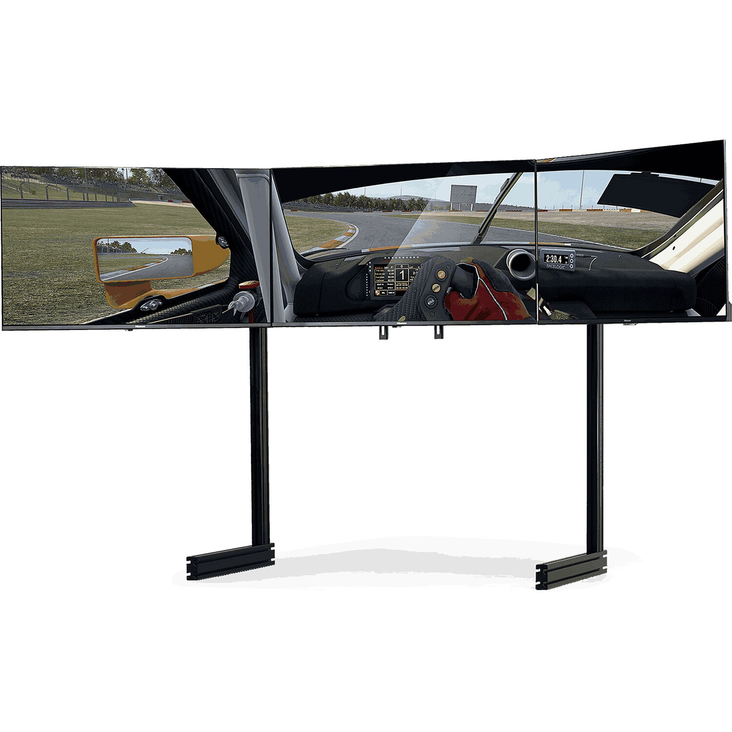 Black free-standing triple monitor stand for sim racing setups — view 3