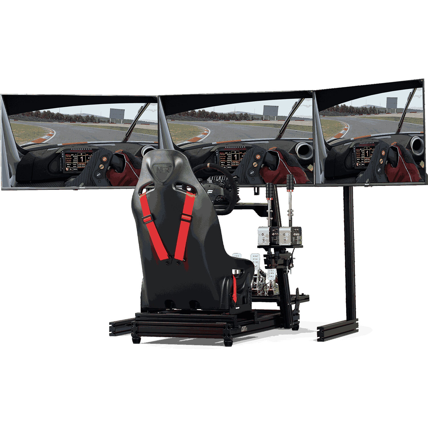 Black free-standing triple monitor stand for sim racing setups — view 4
