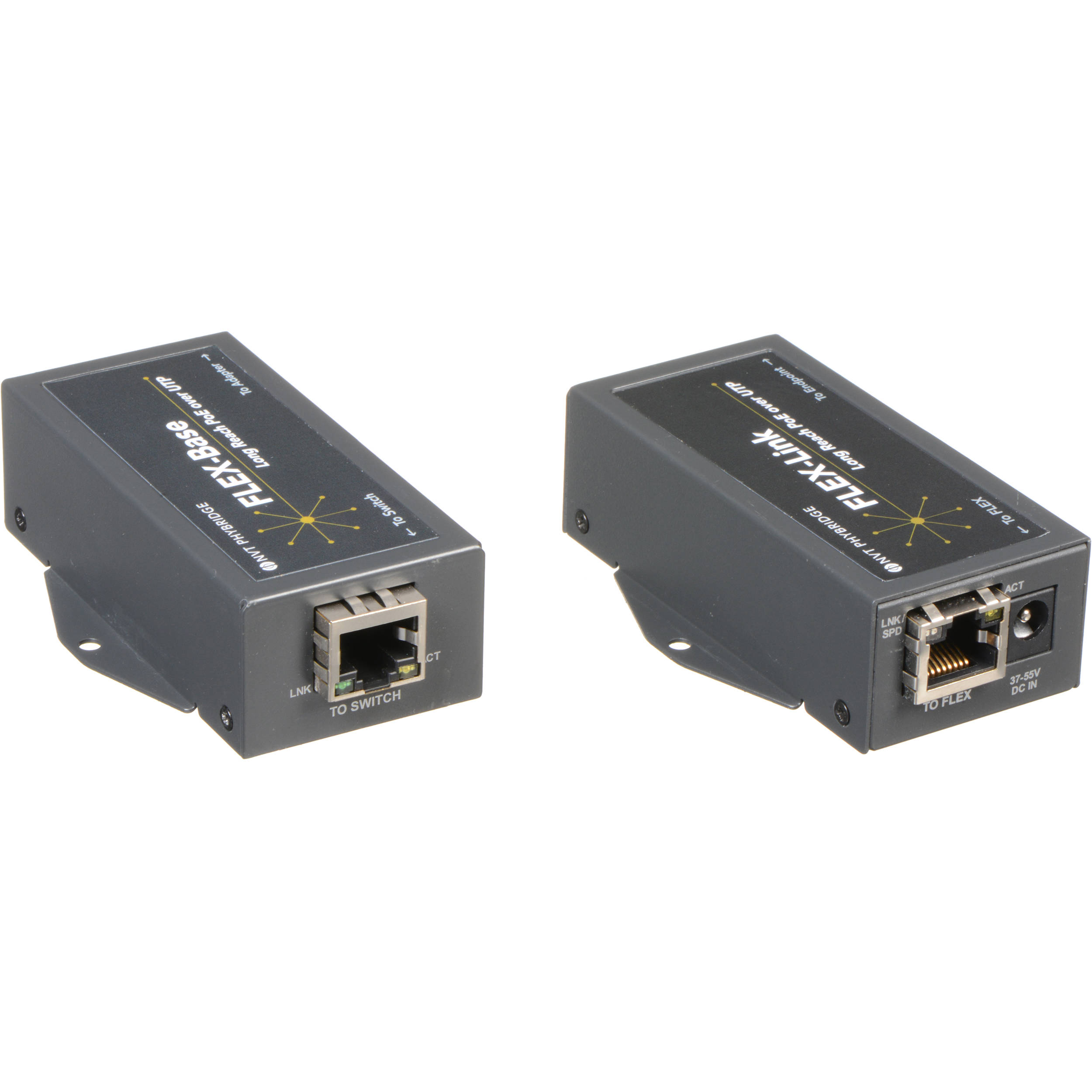 The NVT Phybridge FLEX-Link Extender Kit is designed to supercharge the downlink ports of a standard Ethernet switch, enabling an IP endpoint from a single long run UTP cable to deliver fast Ethernet and PoE++ with  up to 2,000ft (610m) reach - that s 6Xs the reach of standard Ethernet switches. — view 2