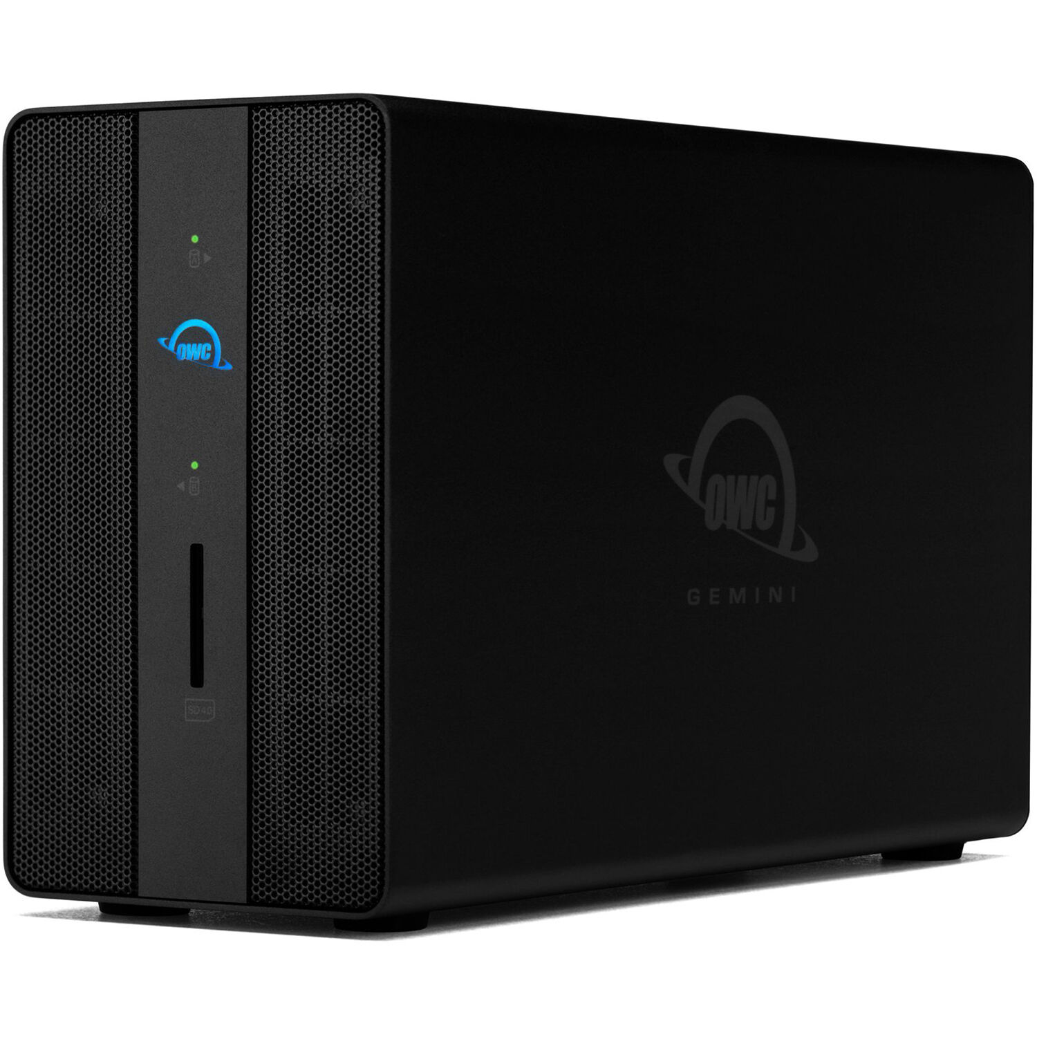 OWC 32TB Gemini desktop storage array with dual HDD bays, Thunderbolt, 2.5 GbE, USB-A, HDMI 2.1, and SD card reader — view 3
