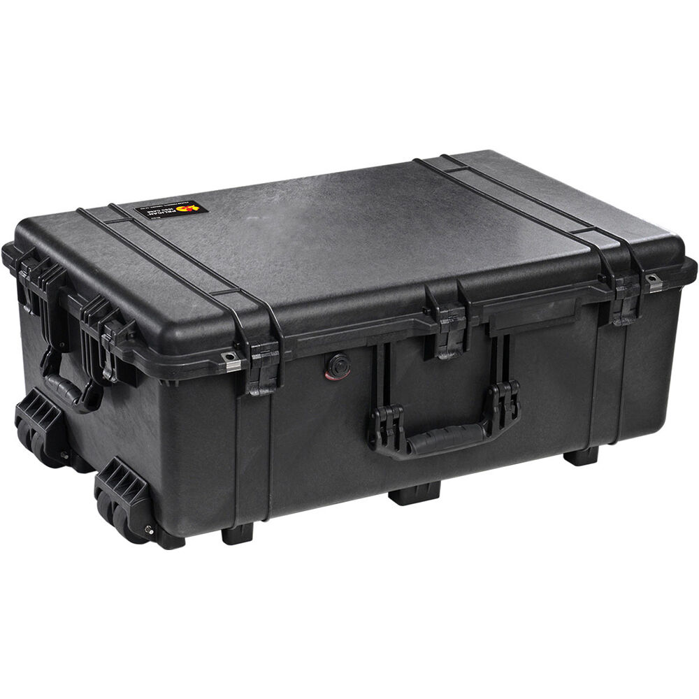 Black Pelican 1650 hard case with foam interior and wheels for transporting equipment — view 2