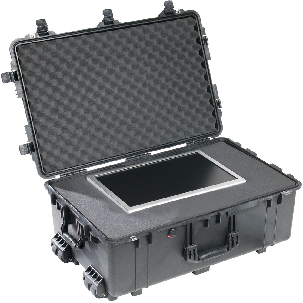 Black Pelican 1650 hard case with foam interior and wheels for transporting equipment — view 3