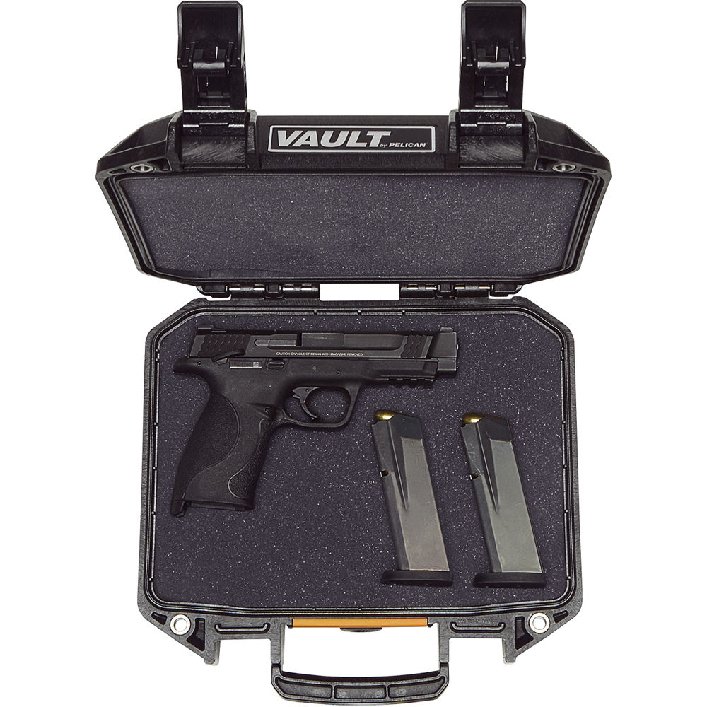 Black Pelican Vault V100 small hard case with foam, model VCV100-0020-BLK, shown closed — view 3