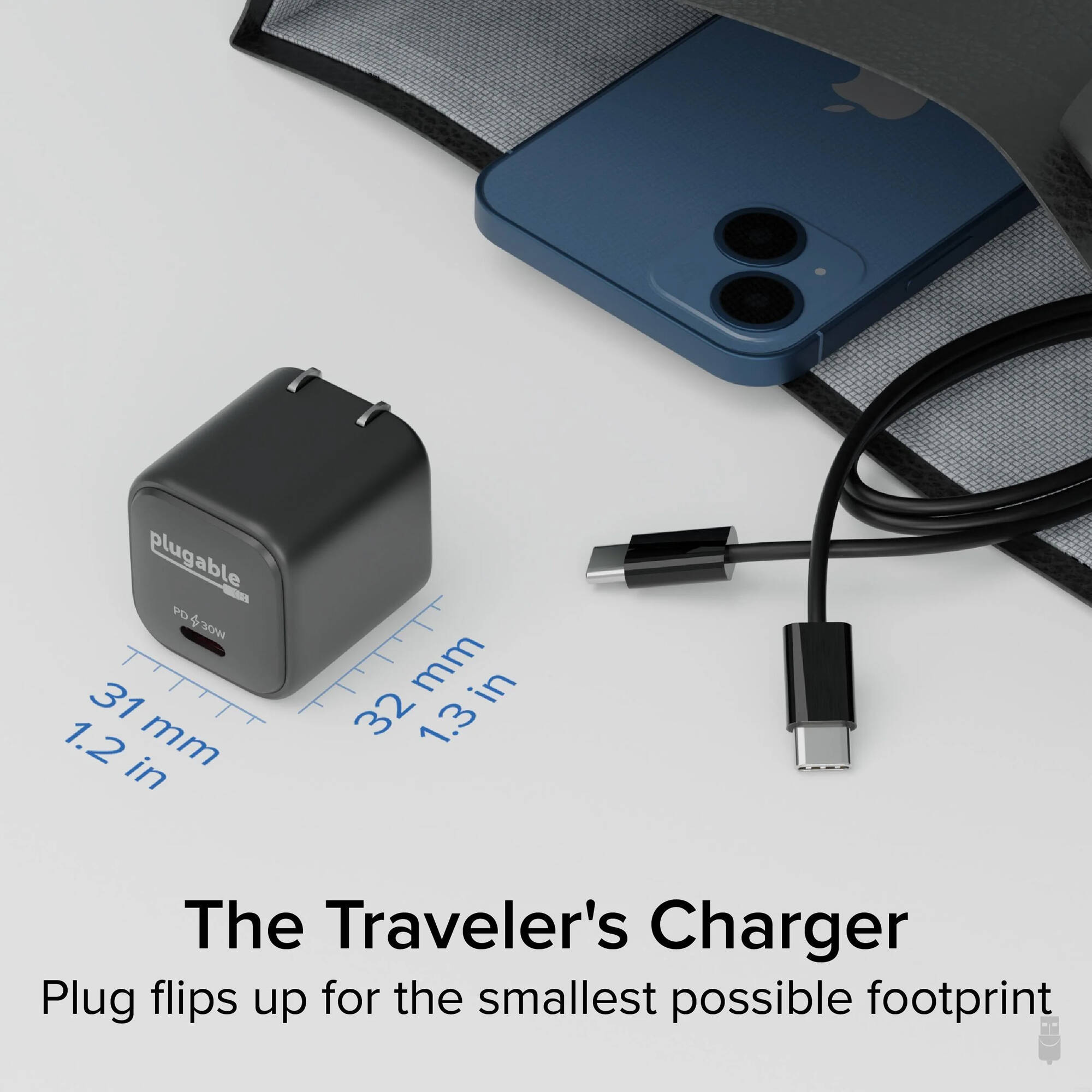 Plugable PS-30C1B-3X 30 W GaN USB-C wall charger with foldable prongs — view 10