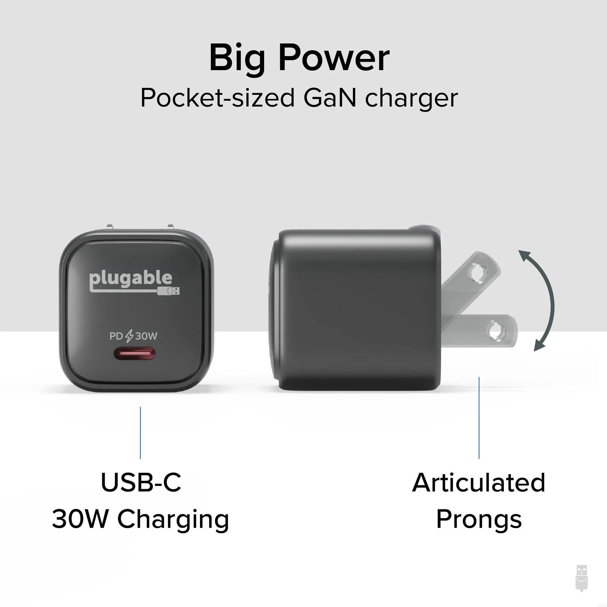 Plugable PS-30C1B-3X 30 W GaN USB-C wall charger with foldable prongs — view 2