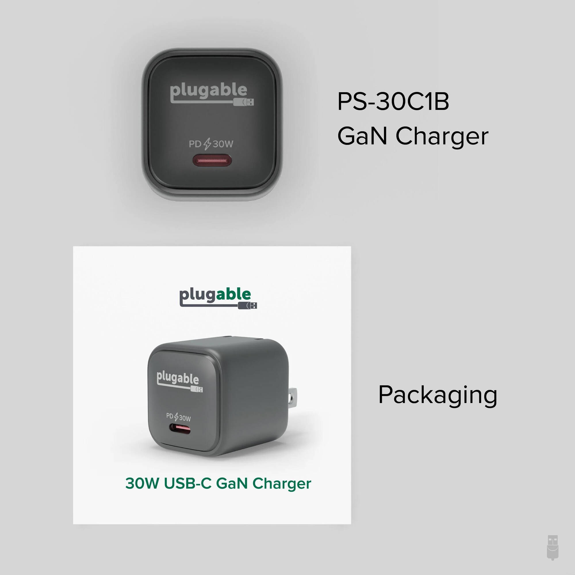 Plugable PS-30C1B-3X 30 W GaN USB-C wall charger with foldable prongs — view 6