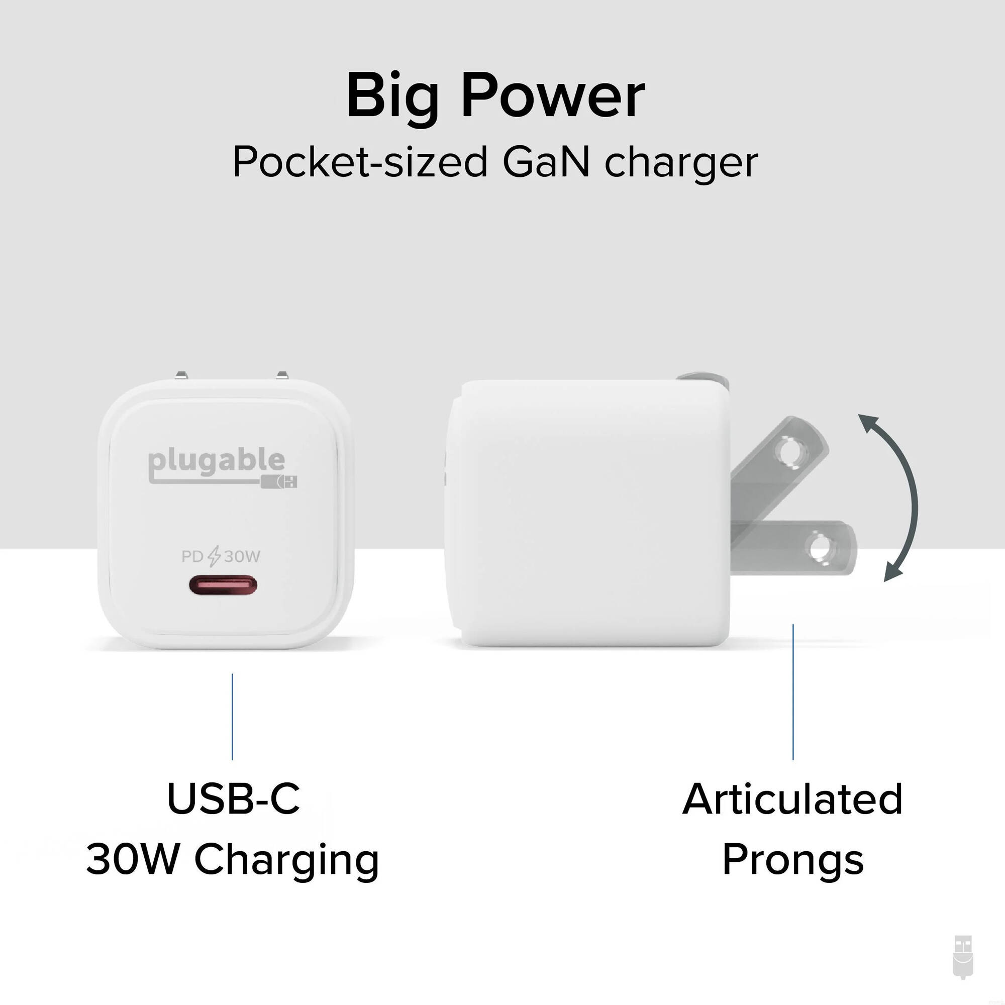 Plugable PS-30C1W-3X 30 W GaN USB-C wall charger with foldable prongs — view 2