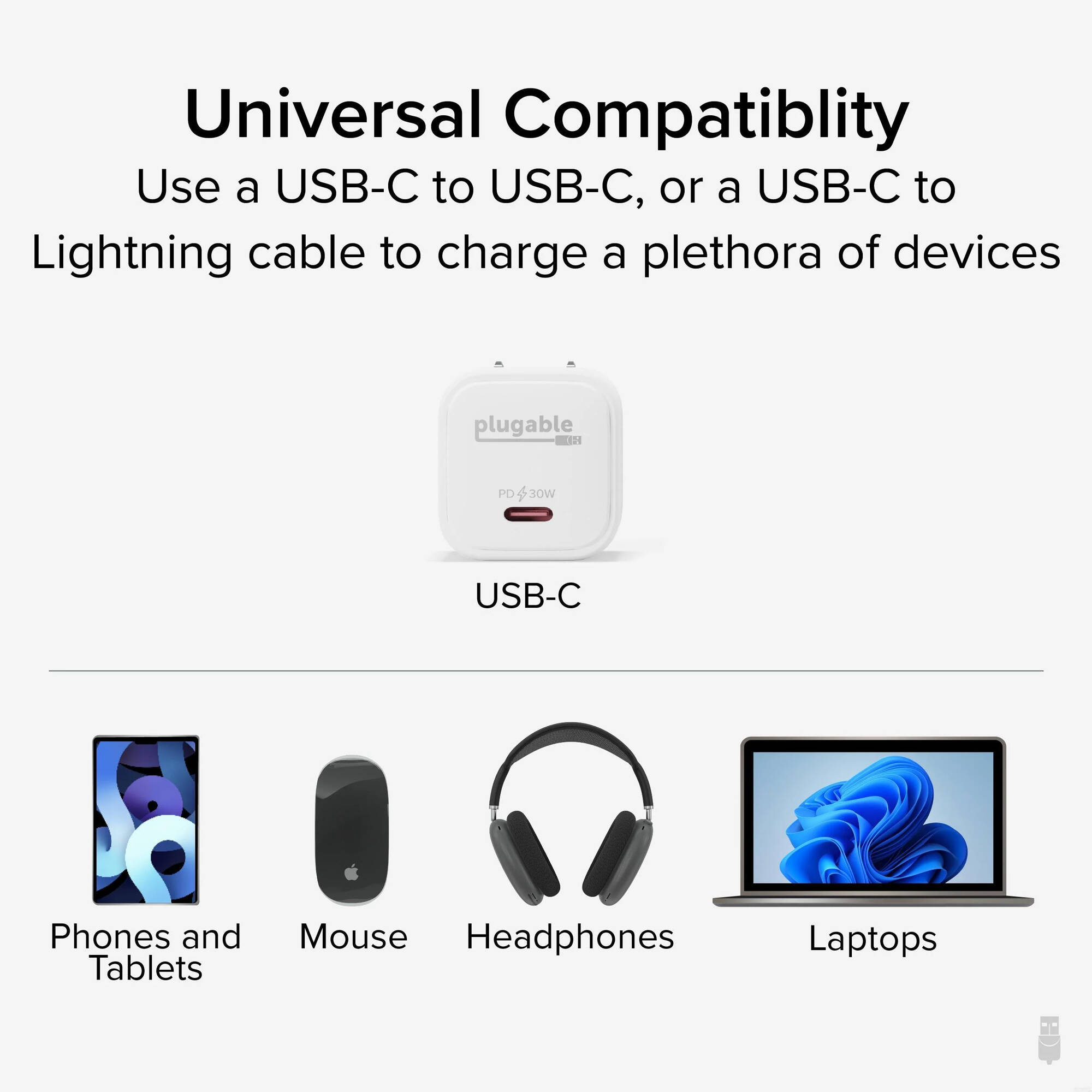 Plugable PS-30C1W-3X 30 W GaN USB-C wall charger with foldable prongs — view 3