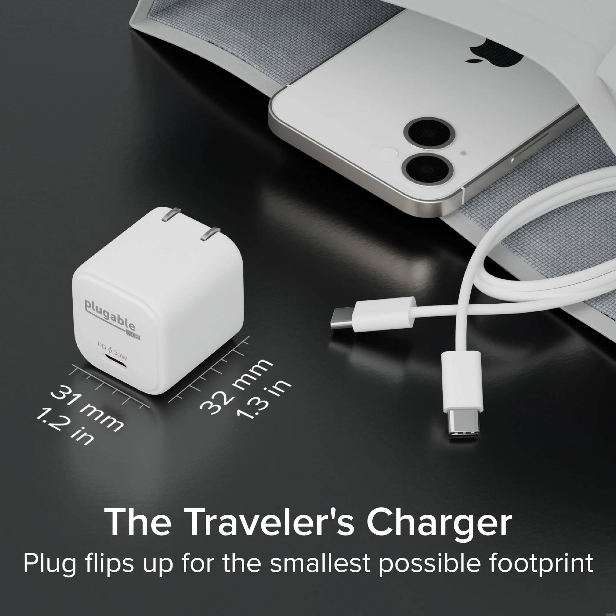 Plugable PS-30C1W-3X 30 W GaN USB-C wall charger with foldable prongs — view 5