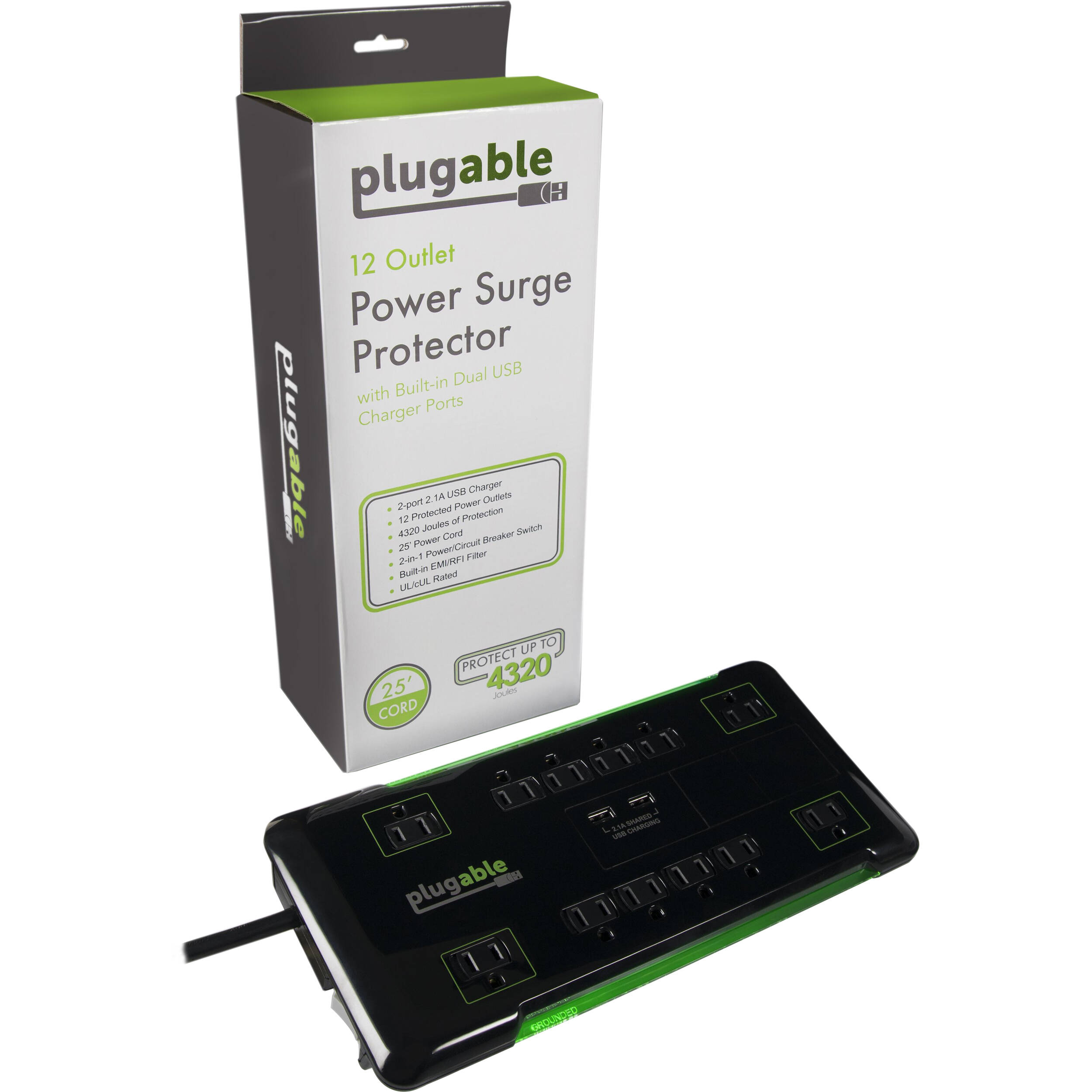 Plugable 12-outlet surge strip with 25 ft cord and 2 USB charging ports — view 5