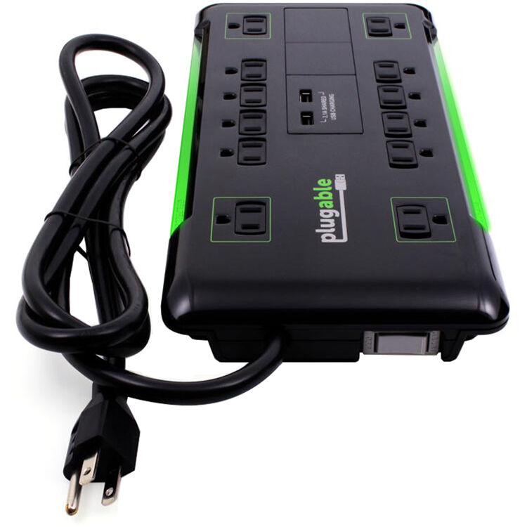Plugable PS12-USB2B 12-outlet surge strip with 2 USB charging ports and 6 ft cord — view 2