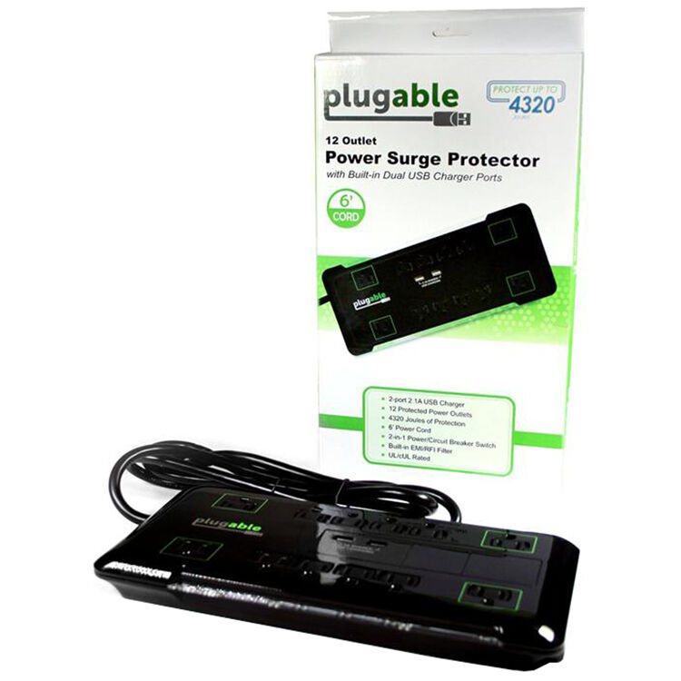 Plugable PS12-USB2B 12-outlet surge strip with 2 USB charging ports and 6 ft cord — view 5