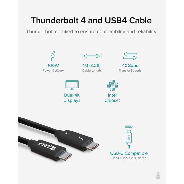 Plugable 2 m Thunderbolt 4 USB-C cable supporting 40 Gbps data transfer and 100 W charging — view 2