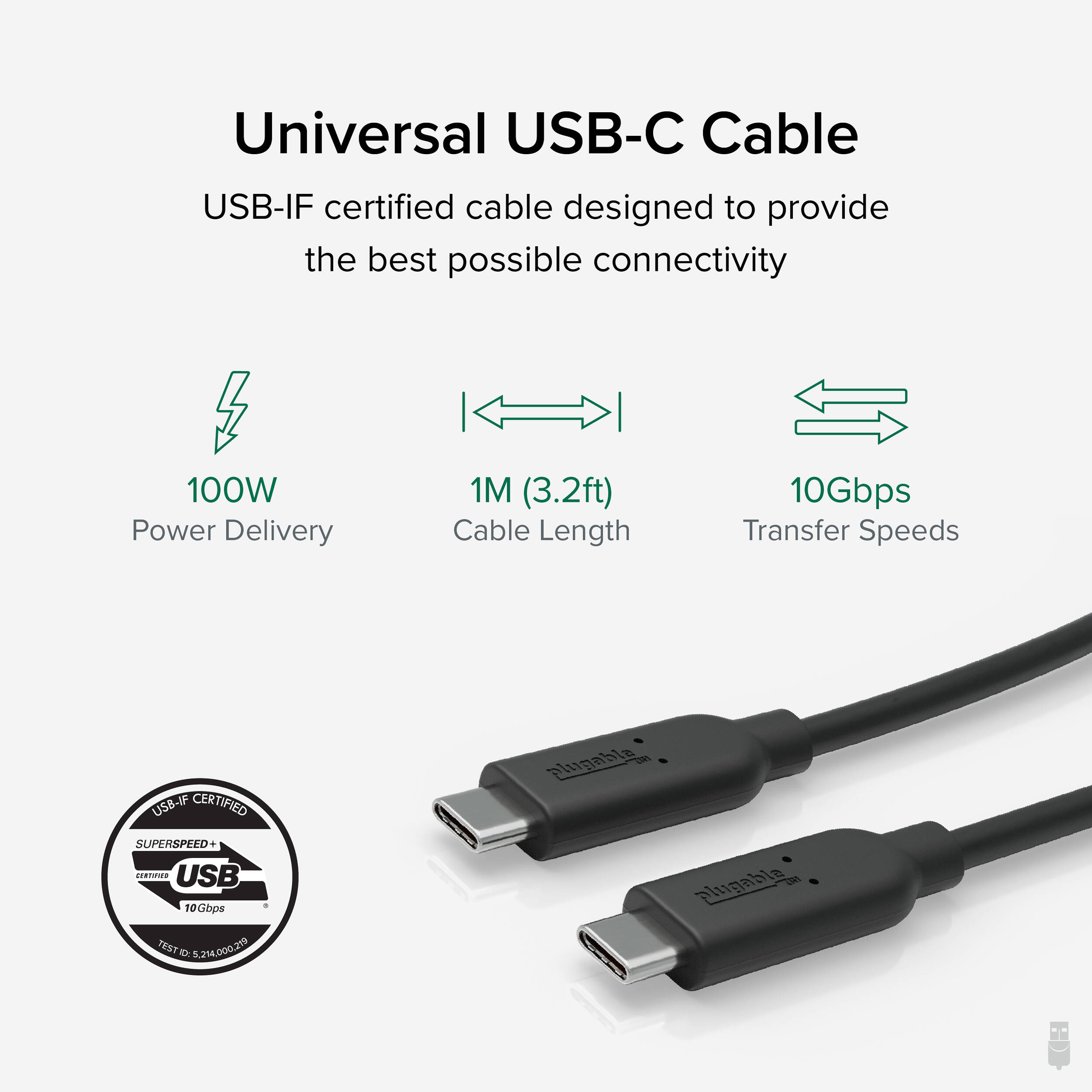Plugable 1 m USB-C to USB-C cable, 10 Gbps USB 3.1 Gen 2, black — view 3