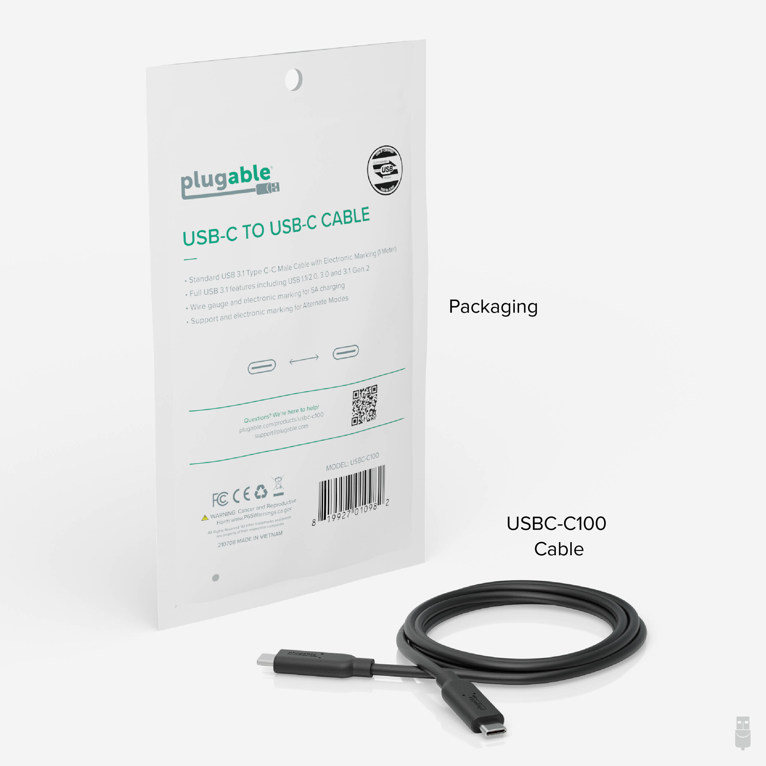 Plugable 1 m USB-C to USB-C cable, 10 Gbps USB 3.1 Gen 2, black — view 4