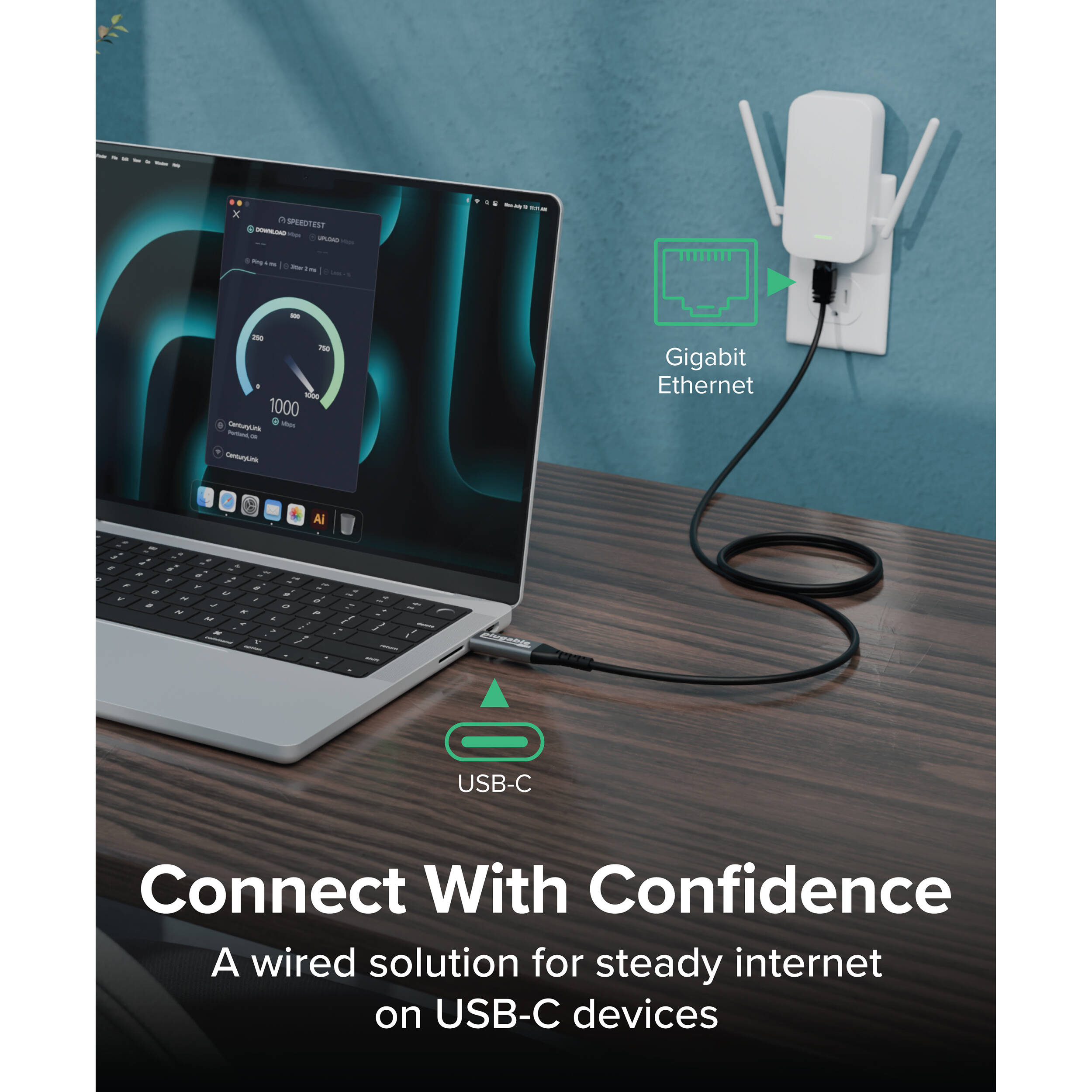Plugable 2 m USB-C to Gigabit Ethernet cable, 6 ft — view 2