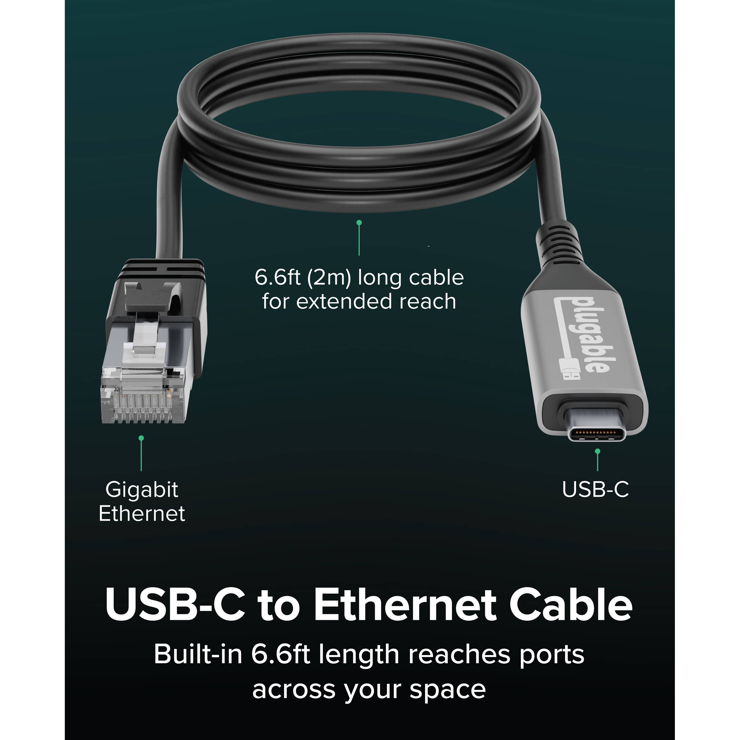 Plugable 2 m USB-C to Gigabit Ethernet cable, 6 ft — view 3