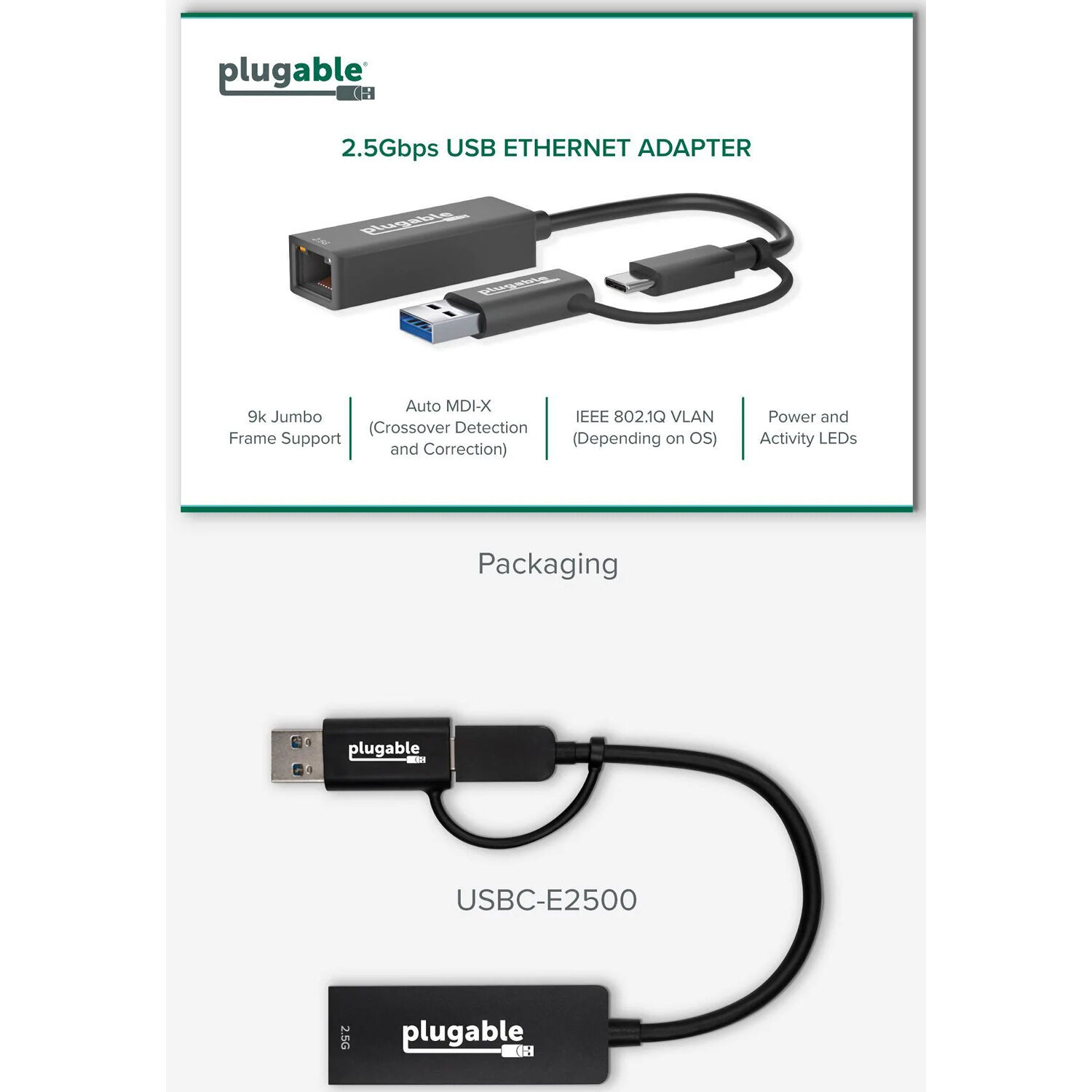 Plugable USBC-E2500 USB-C and USB 3.0 to 2.5 Gigabit Ethernet adapter — view 4