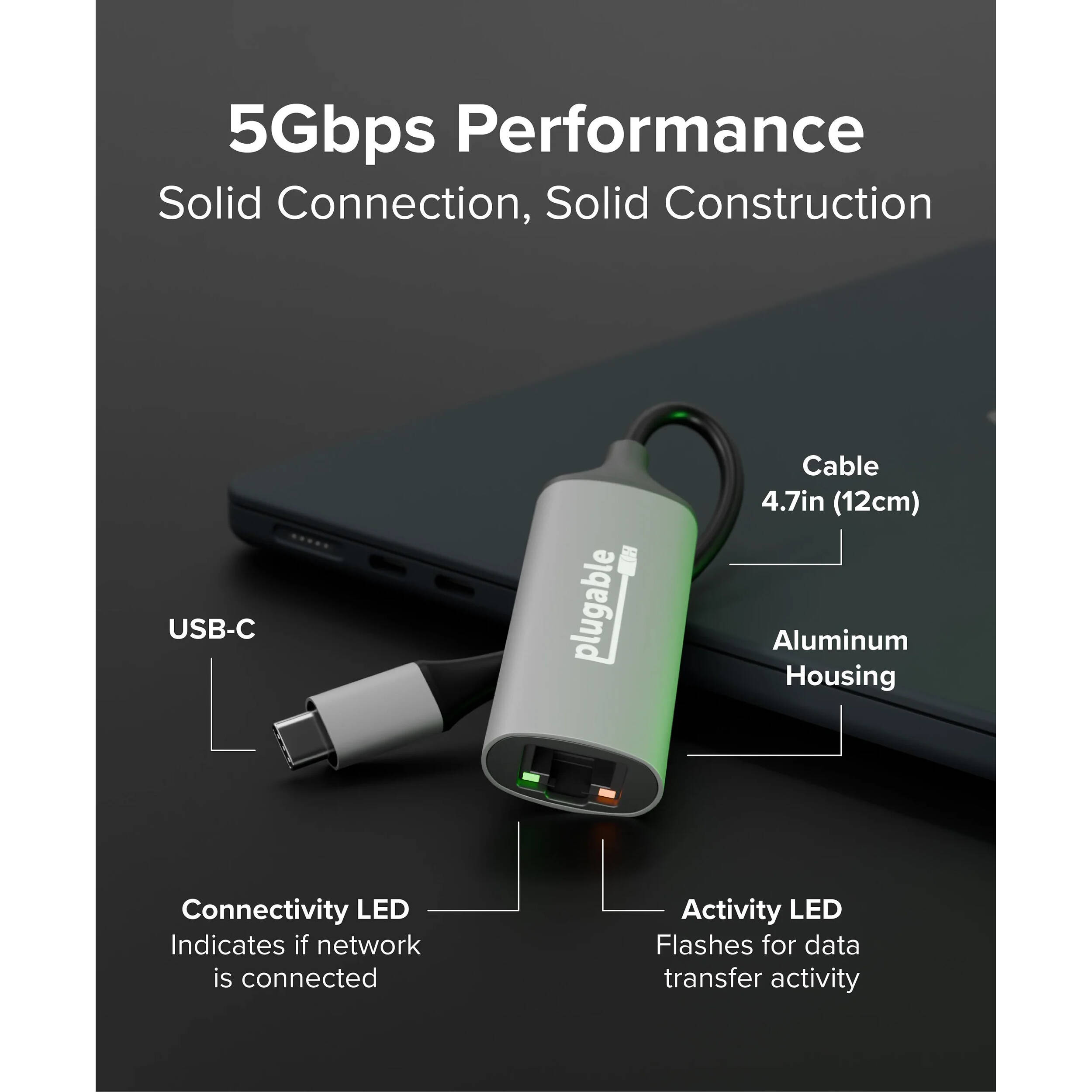 Plugable USB-C to 5GbE Ethernet adapter with USB-C connector and compact external design — view 2