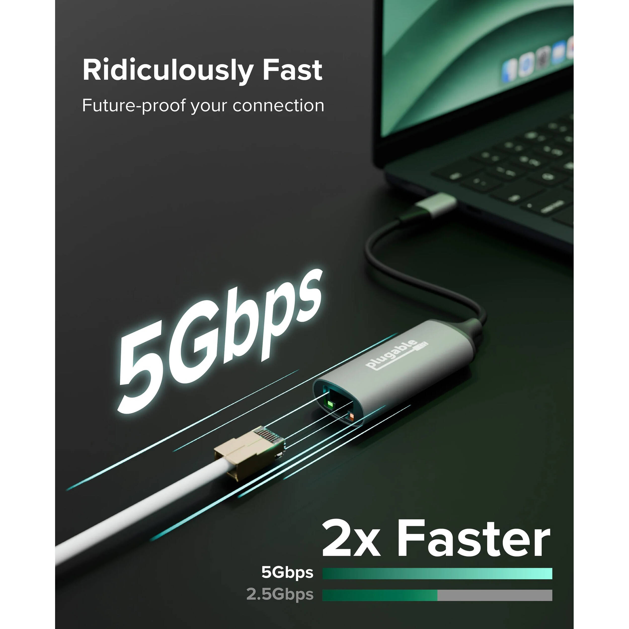 Plugable USB-C to 5GbE Ethernet adapter with USB-C connector and compact external design — view 3