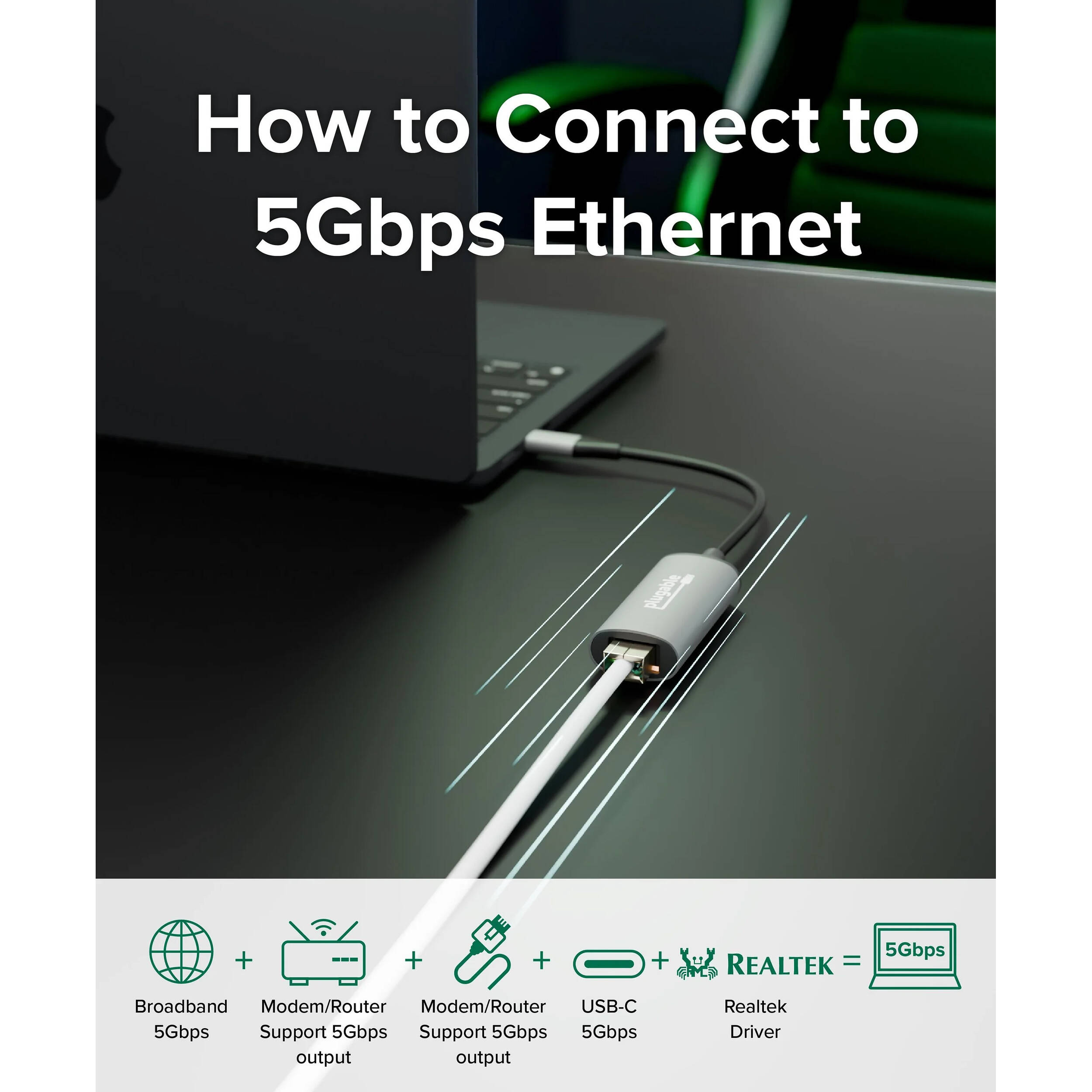 Plugable USB-C to 5GbE Ethernet adapter with USB-C connector and compact external design — view 4