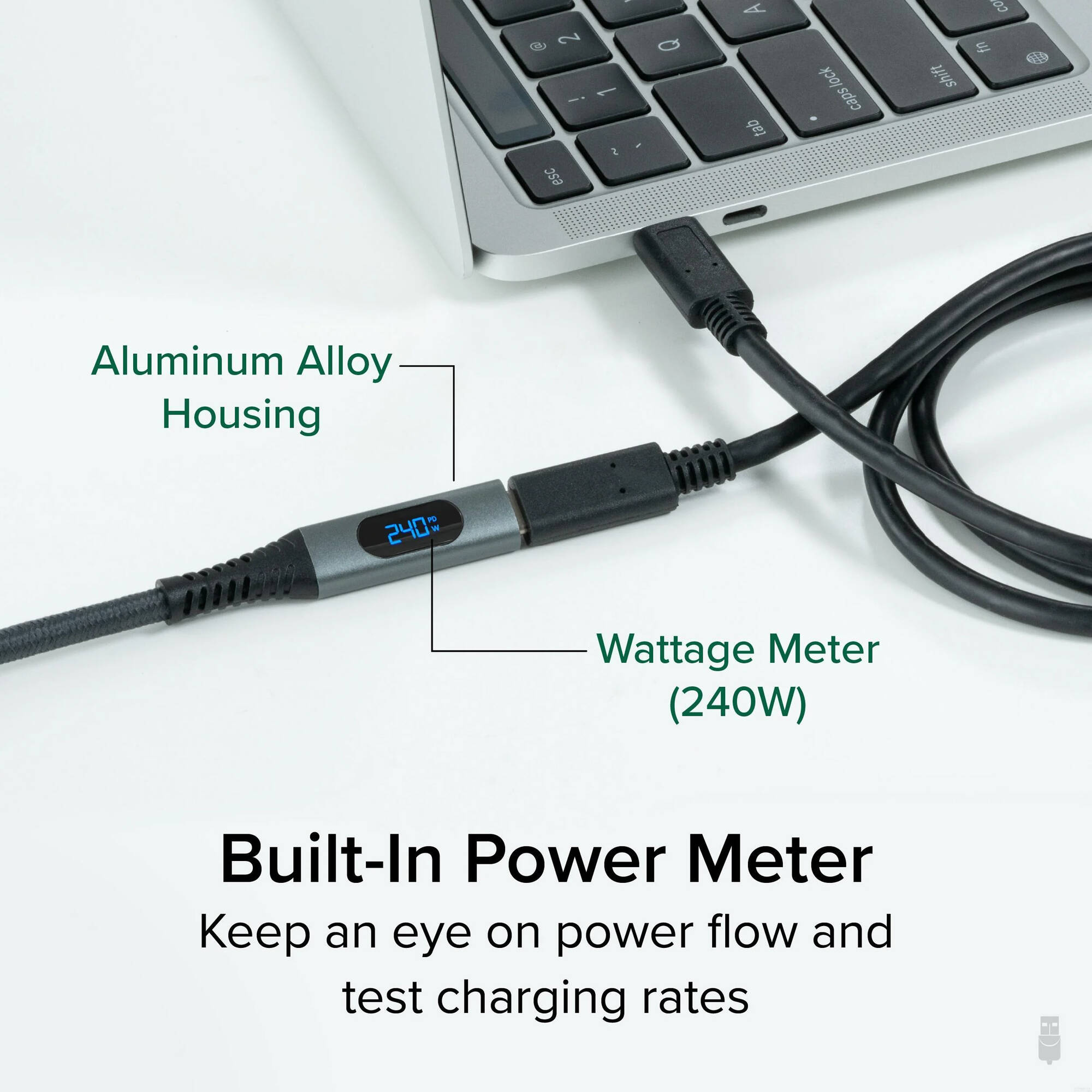 Plugable 1 m USB-C male-to-female power meter extension cable for 240 W charging and 10 Gbps data — view 2