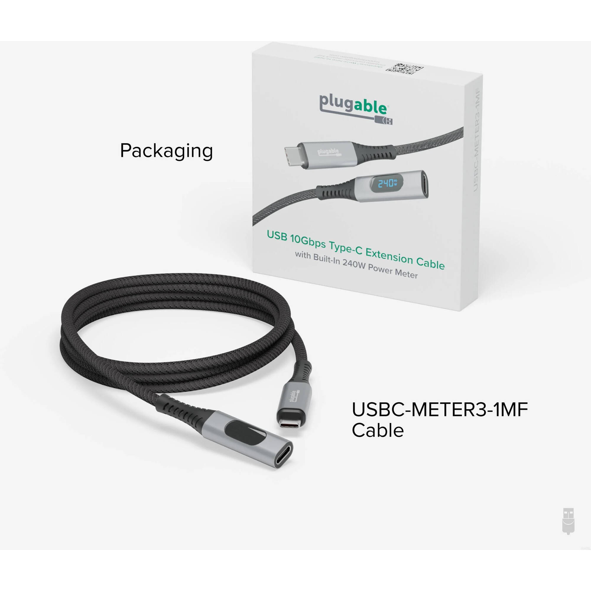 Plugable 1 m USB-C male-to-female power meter extension cable for 240 W charging and 10 Gbps data — view 7