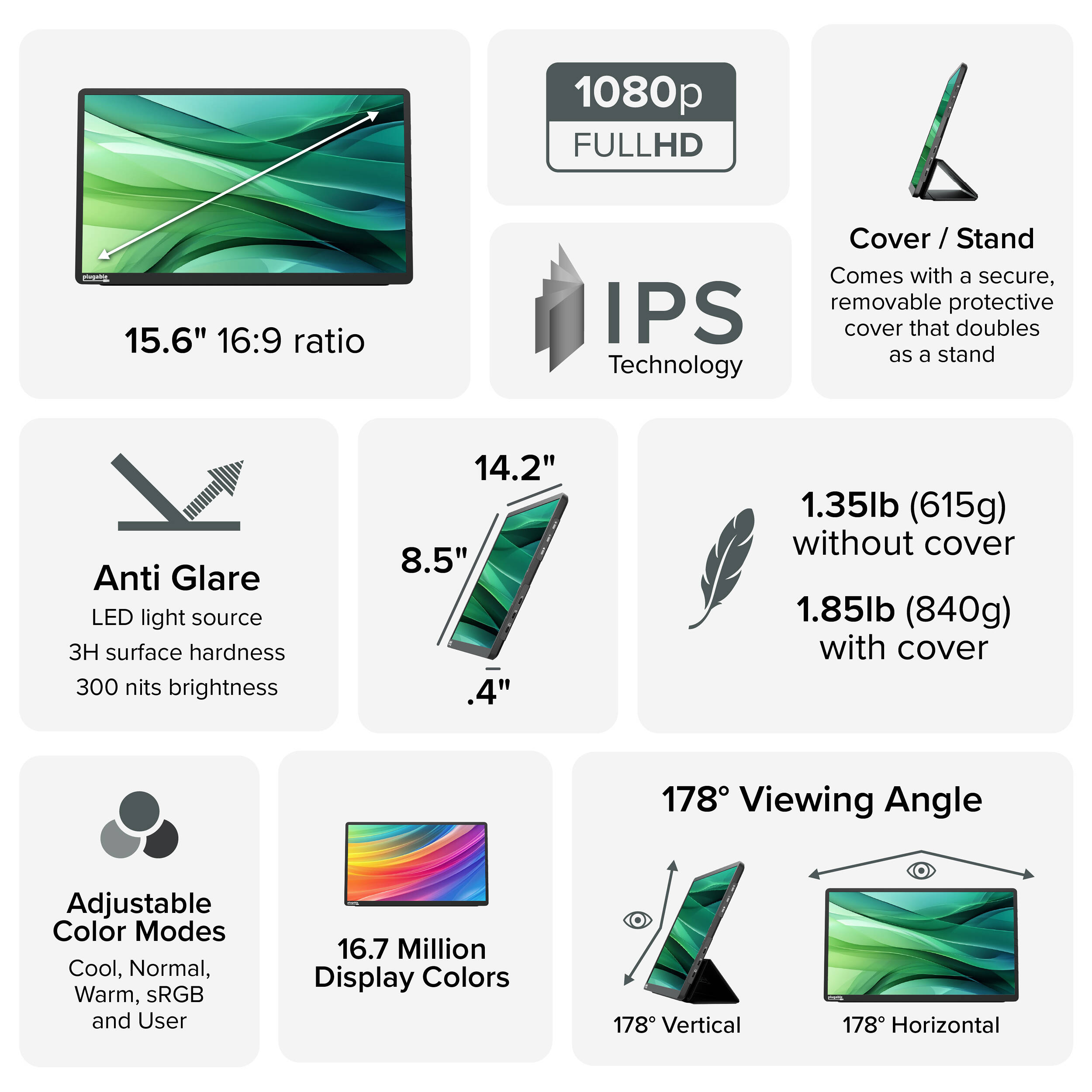 Plugable 15.6-inch USB-C portable monitor with Full HD IPS display and protective case stand — view 5