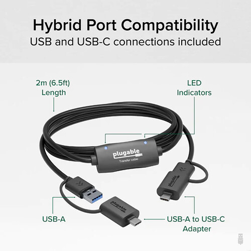 Plugable 2 m USB-C to USB 3.0 transfer cable for PC-to-PC file migration — view 2