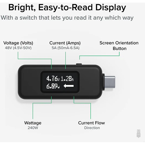 Plugable USB-C power meter tester for monitoring USB-C charging up to 240 W — view 3