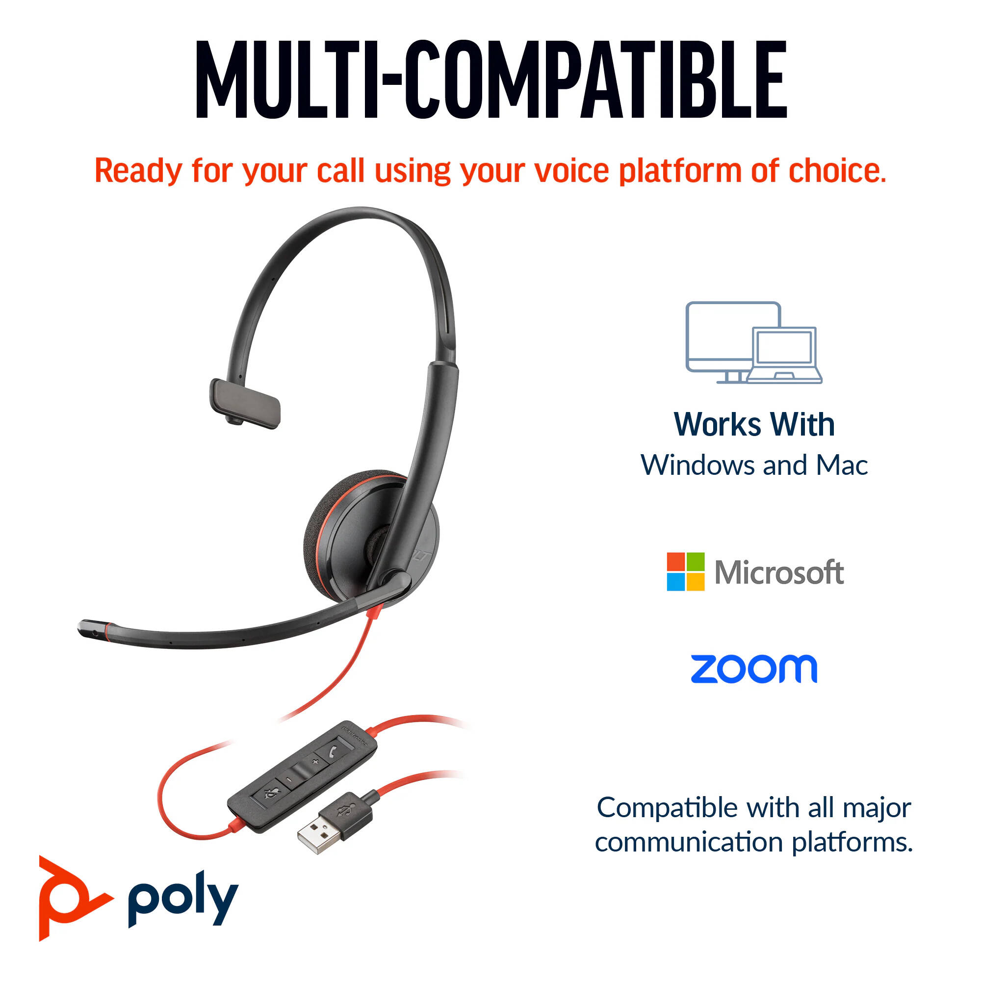 Poly Blackwire 3210 monaural wired USB-C headset with USB-C/A adapter — view 2