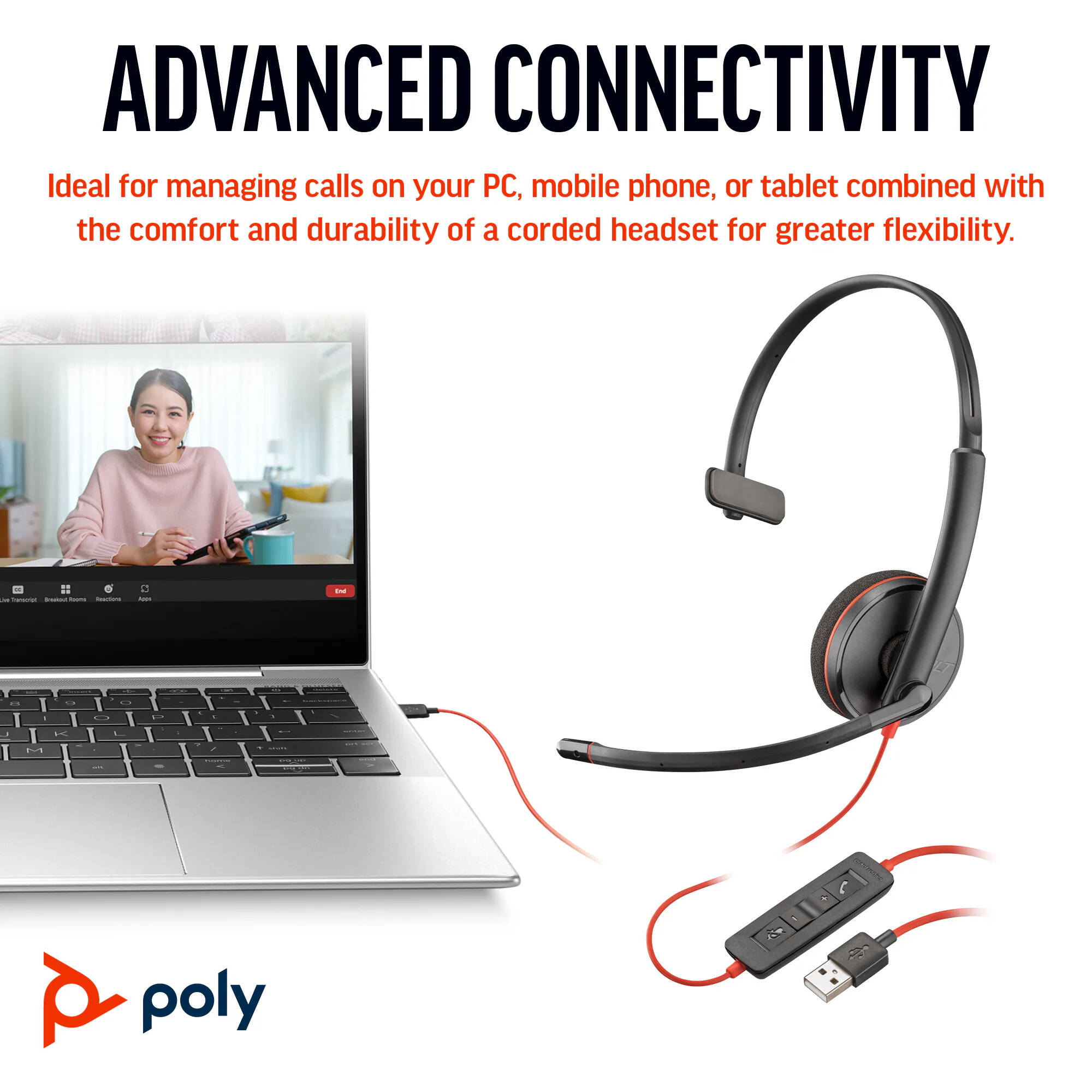Poly Blackwire 3210 monaural wired USB-C headset with USB-C/A adapter — view 5