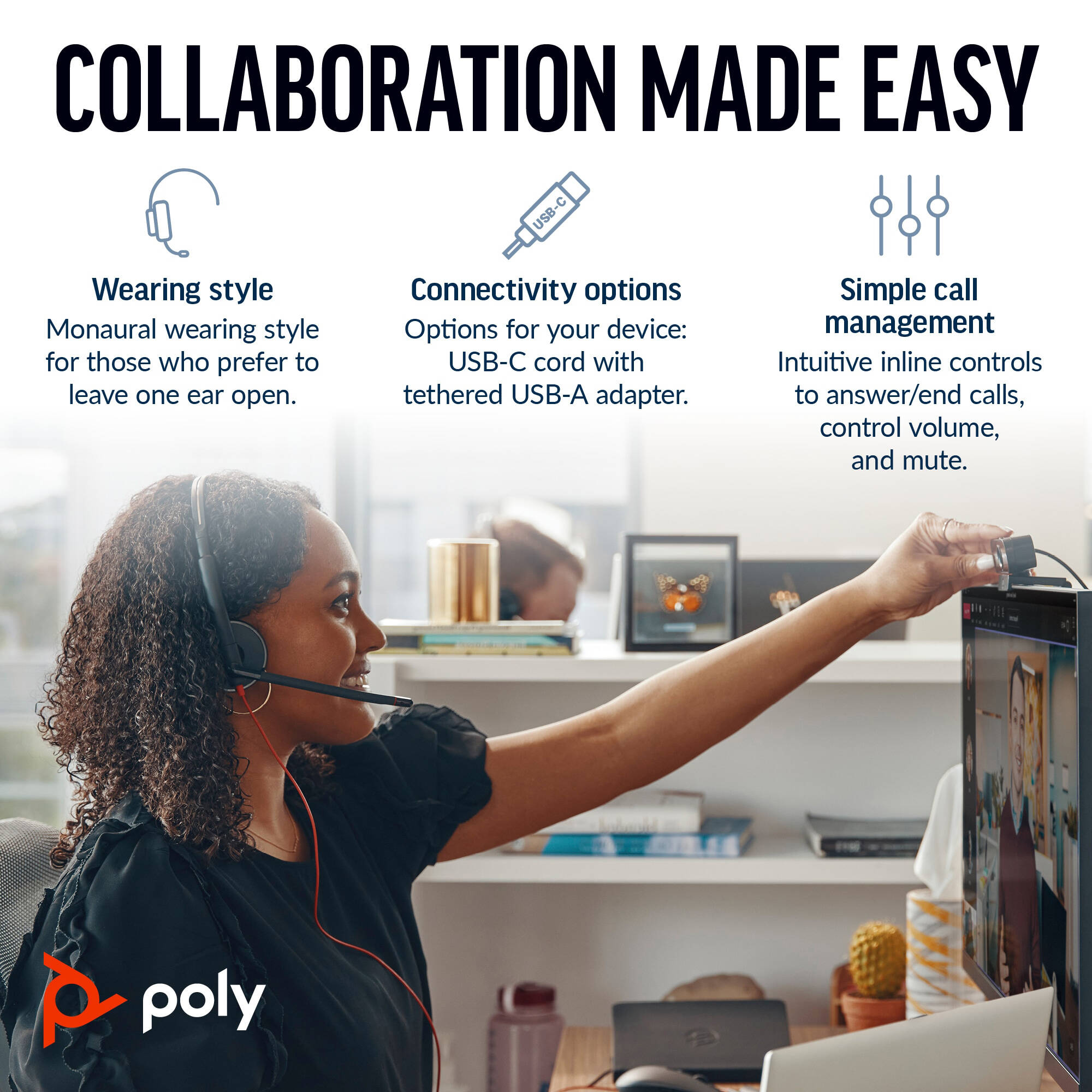 Poly Blackwire 3210 monaural wired USB-C headset with USB-C/A adapter — view 6