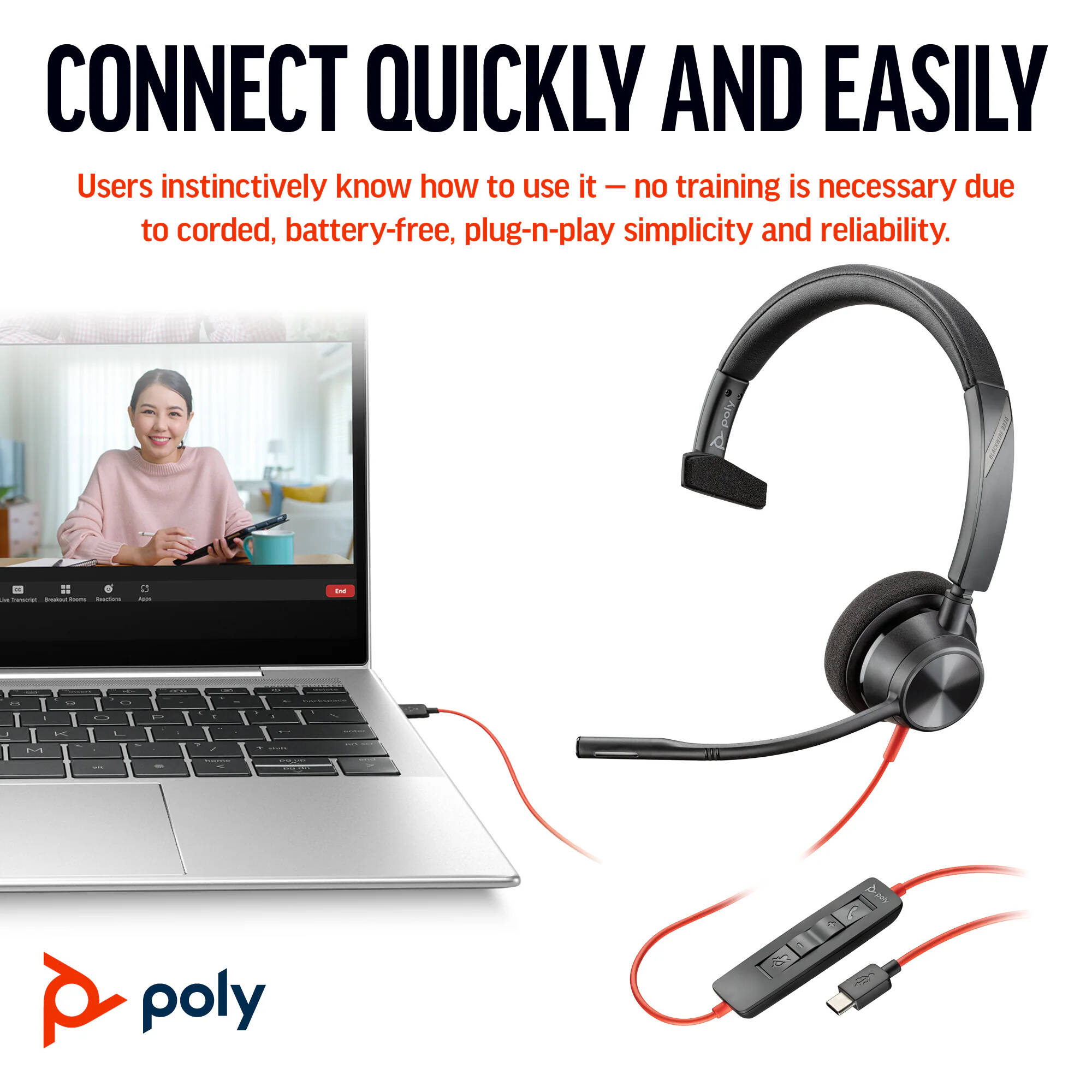 Poly BW3315 wired headset with USB-C, USB-A, and 3.5 mm connectivity — view 2