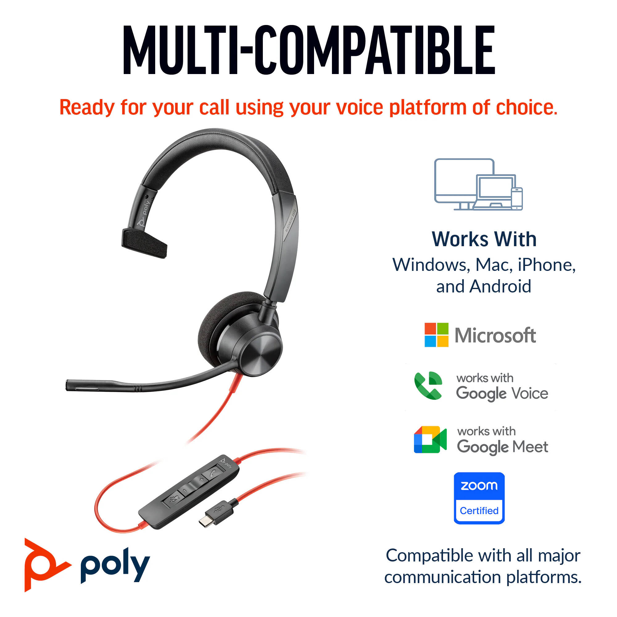 Poly BW3315 wired headset with USB-C, USB-A, and 3.5 mm connectivity — view 5