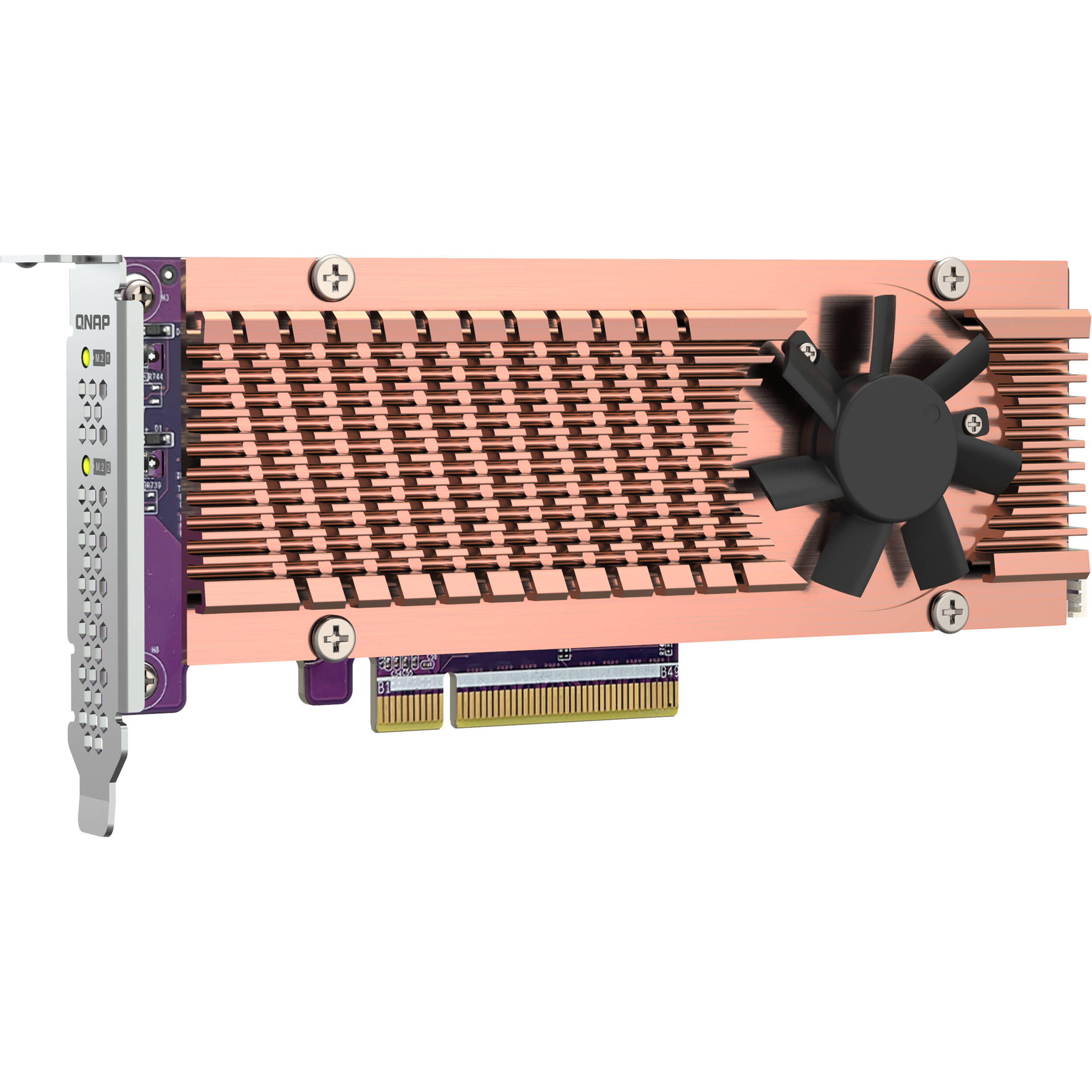 QNAP QM2-2P-384A dual M.2 PCIe SSD expansion card supporting two 2280 or 22110 SSDs — view 3