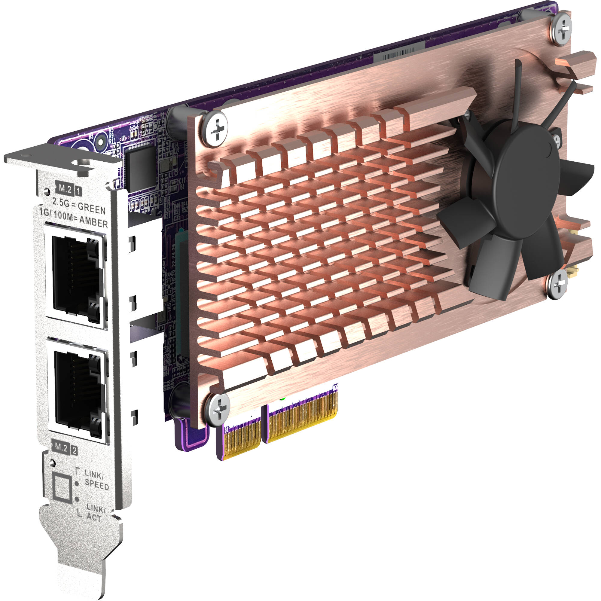 QNAP QM2-2P2G2T expansion card with two M.2 SSD slots and dual 2.5GbE Intel I225LM ports — view 3