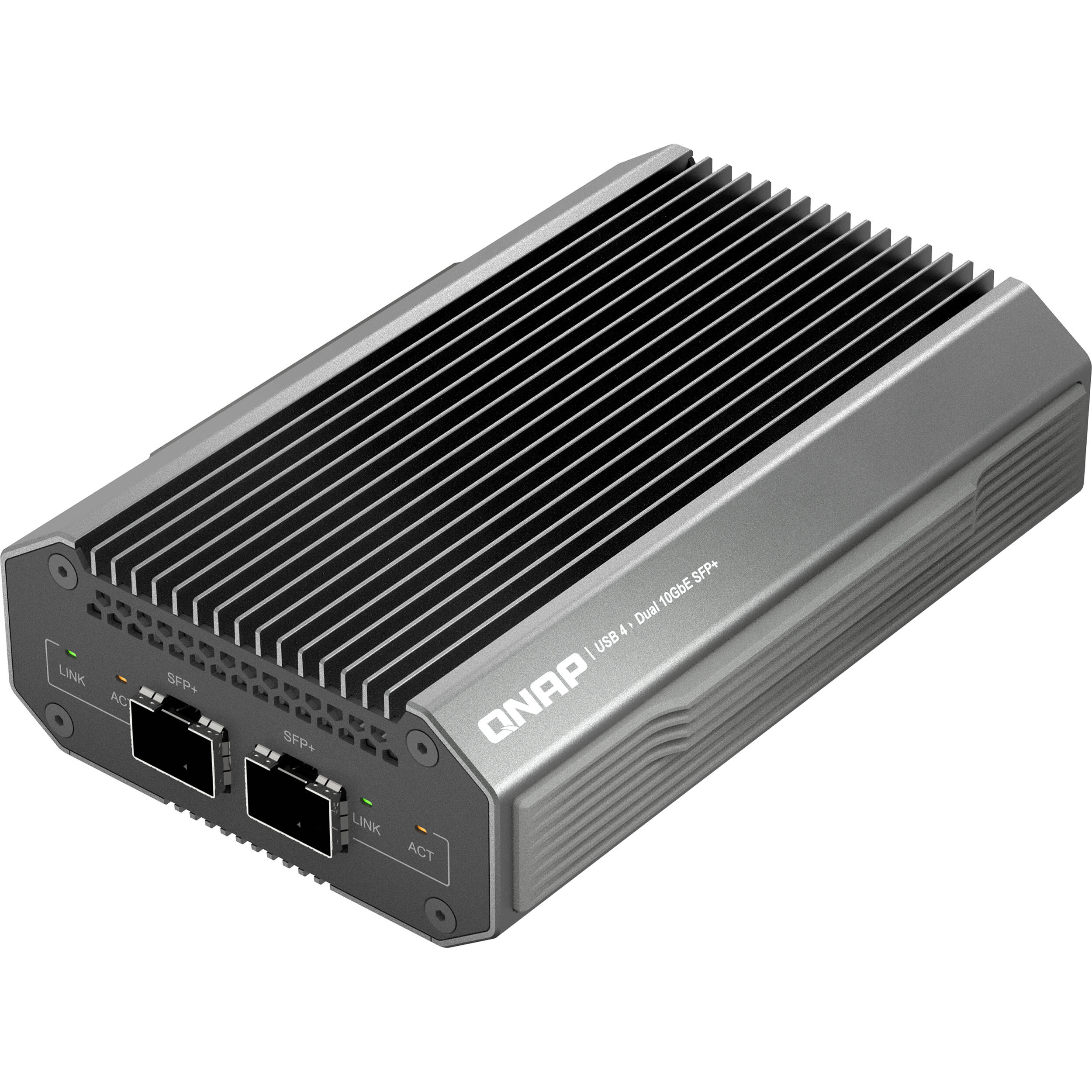 QNAP QNA-UC10G2SF USB 4 Type-C to dual 10GbE SFP+ network adapter with transceivers — view 3