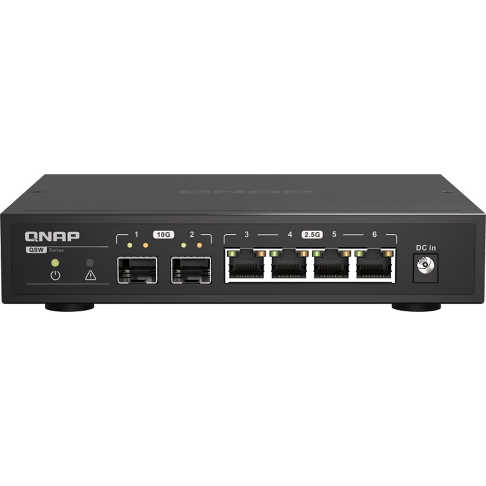 QNAP QSW-2104-2S-A-US desktop unmanaged switch with 4 Gigabit Ethernet ports and 2 SFP+ slots — view 2
