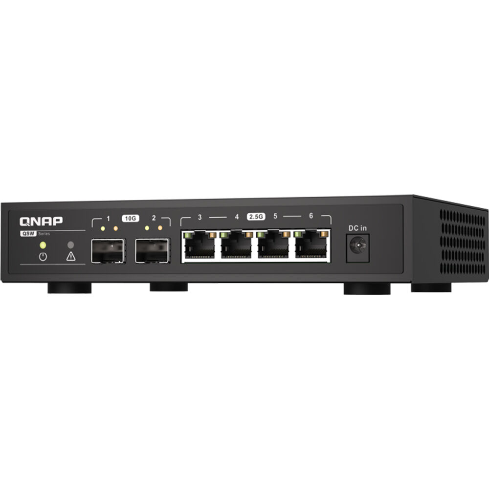 QNAP QSW-2104-2S-A-US desktop unmanaged switch with 4 Gigabit Ethernet ports and 2 SFP+ slots — view 3