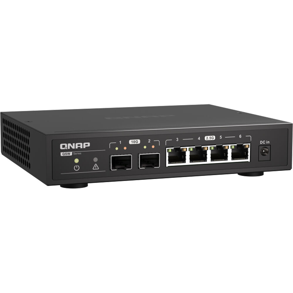 QNAP QSW-2104-2S-A-US desktop unmanaged switch with 4 Gigabit Ethernet ports and 2 SFP+ slots — view 4