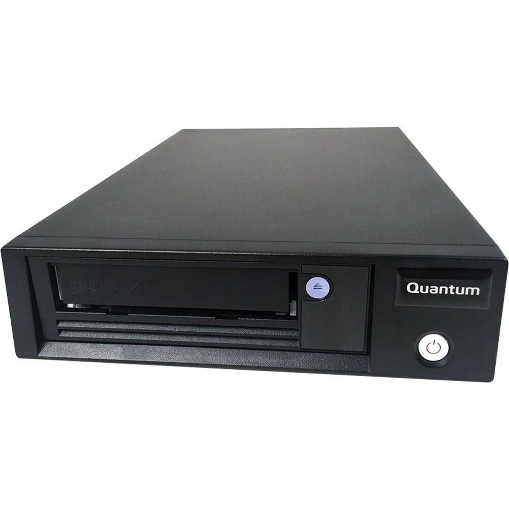 Quantum LTO-9 half-height tabletop tape drive in black with 12 Gb/s SAS HBA bundle — view 2