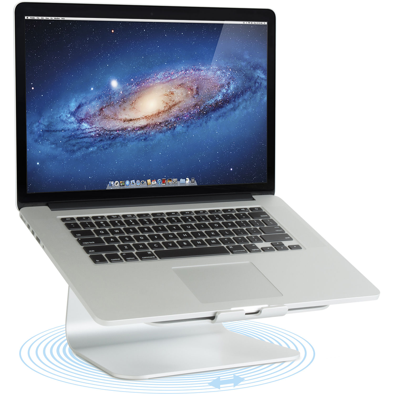 RAIN DESIGN mStand360 silver aluminum laptop stand with swivel base on a desk — view 3