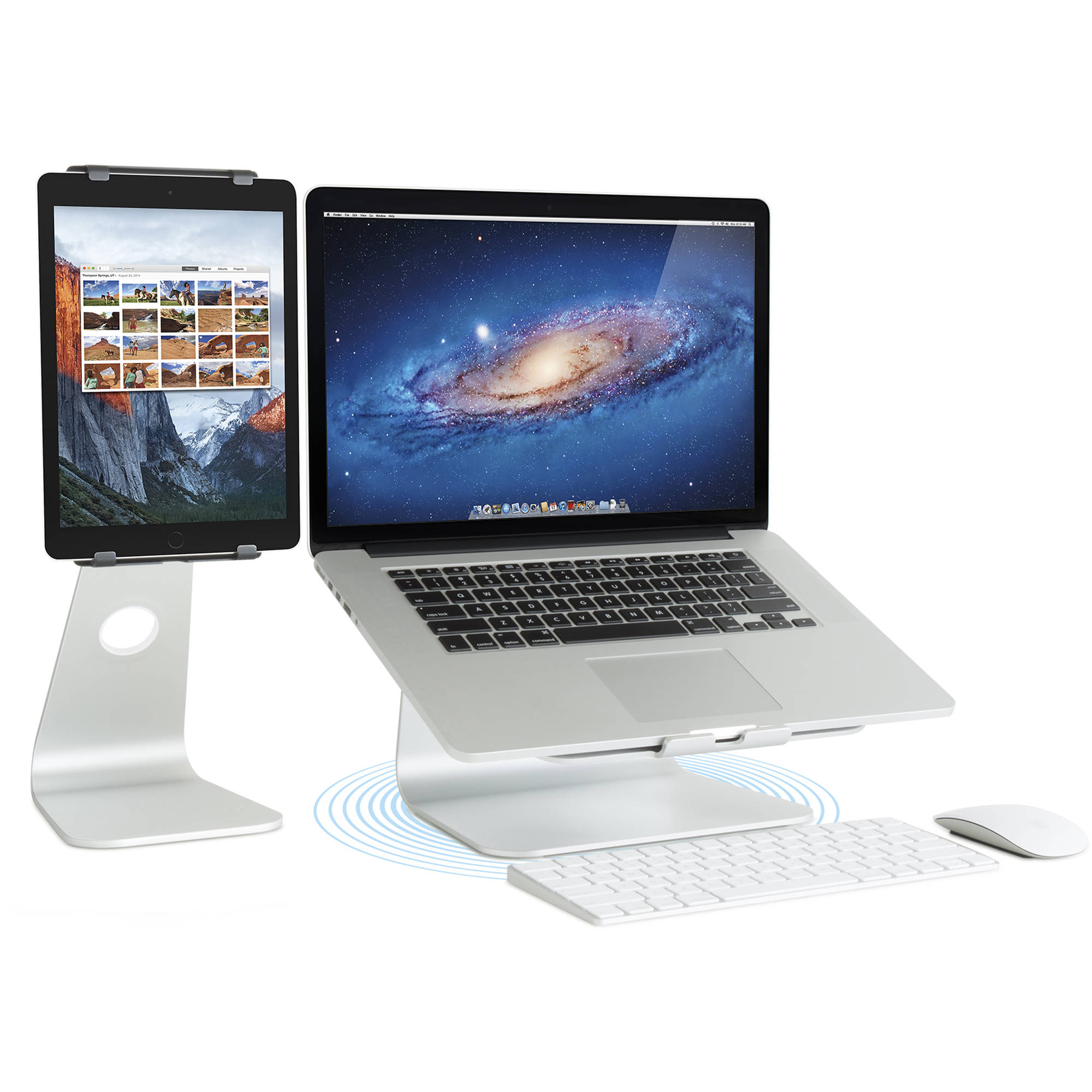 RAIN DESIGN mStand360 silver aluminum laptop stand with swivel base on a desk — view 4