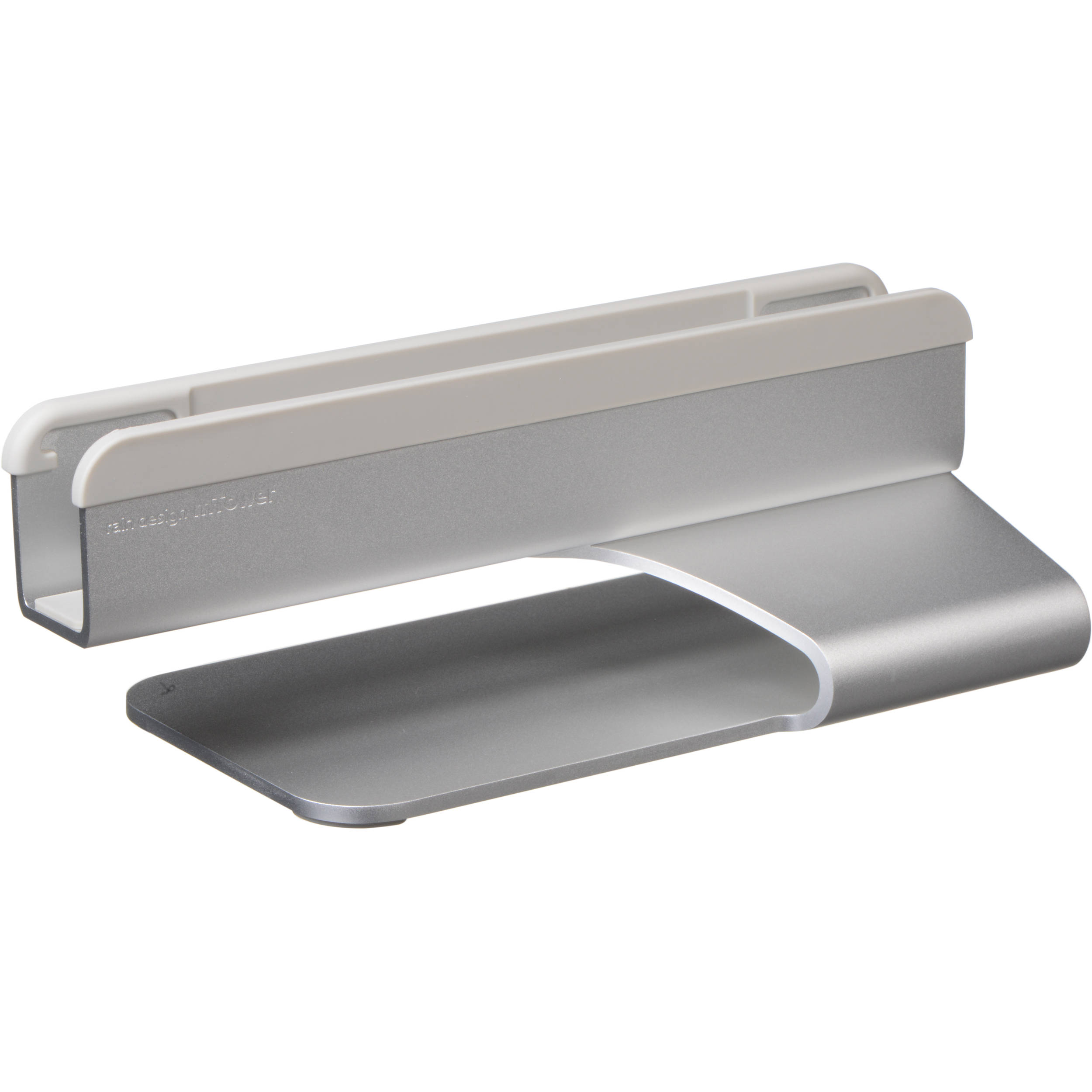 RAIN DESIGN mTower silver vertical laptop stand holding a laptop upright on a desk — view 2