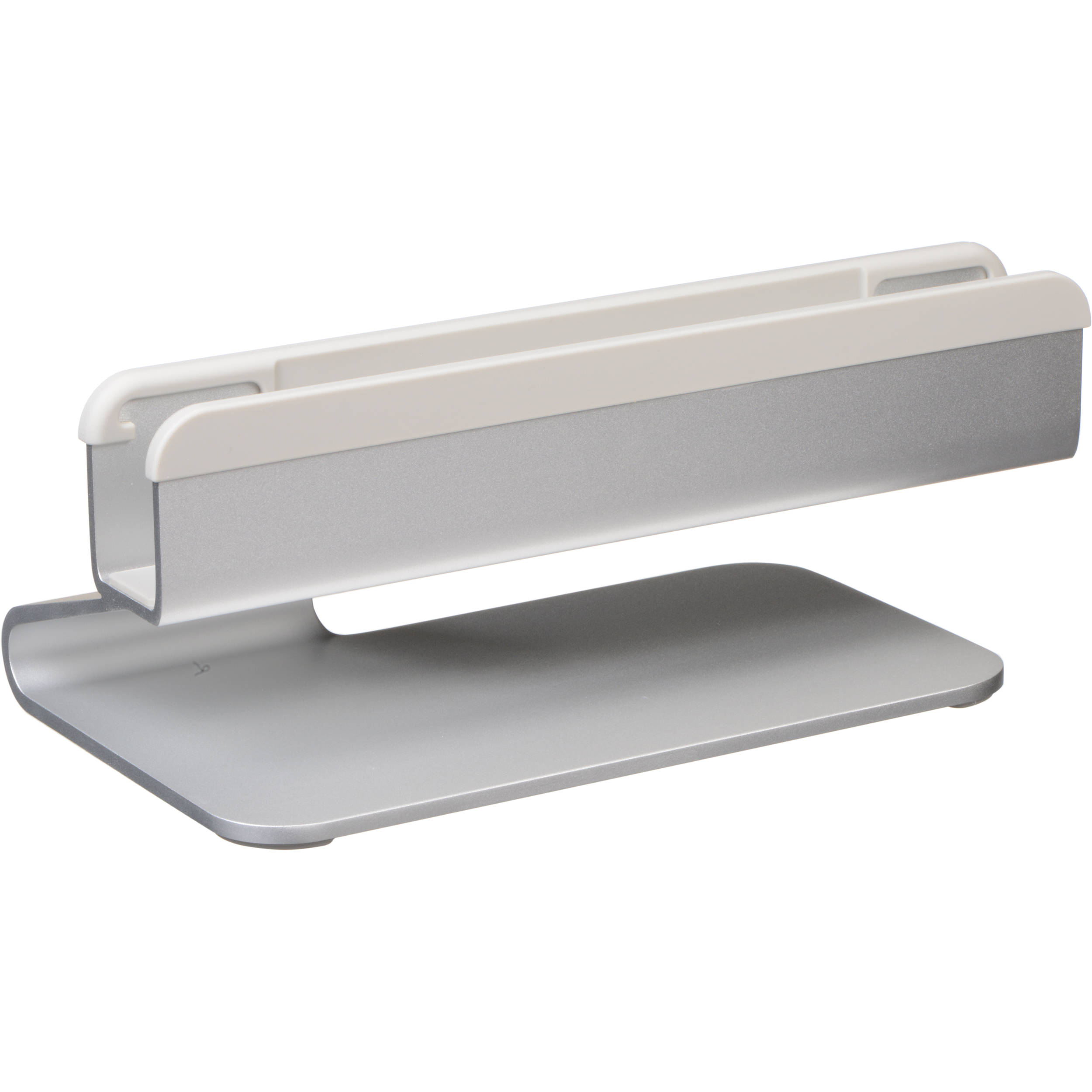 RAIN DESIGN mTower silver vertical laptop stand holding a laptop upright on a desk — view 3