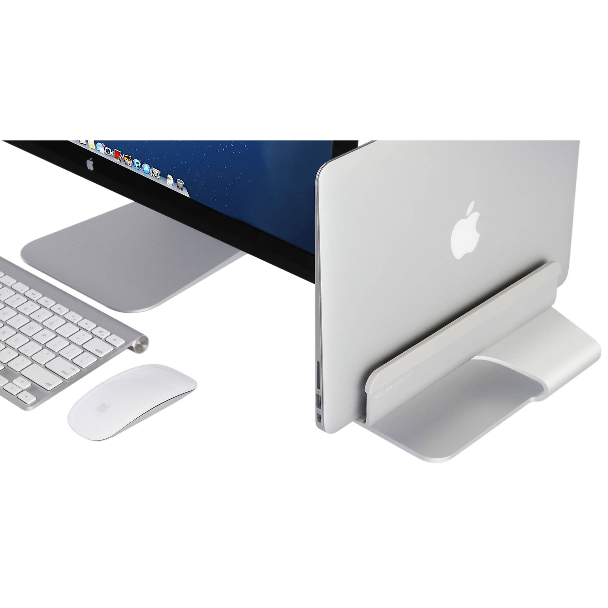 RAIN DESIGN mTower silver vertical laptop stand holding a laptop upright on a desk — view 9