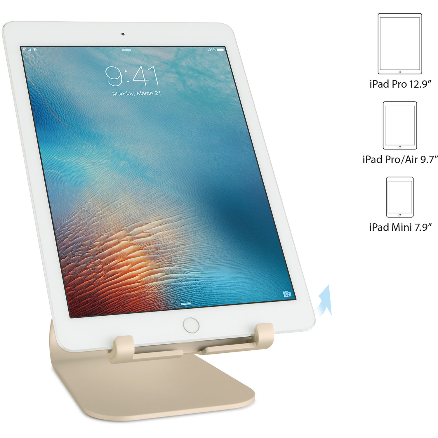 Rain Design mStand TabletPlus gold adjustable tablet stand for iPad on a desktop — view 3