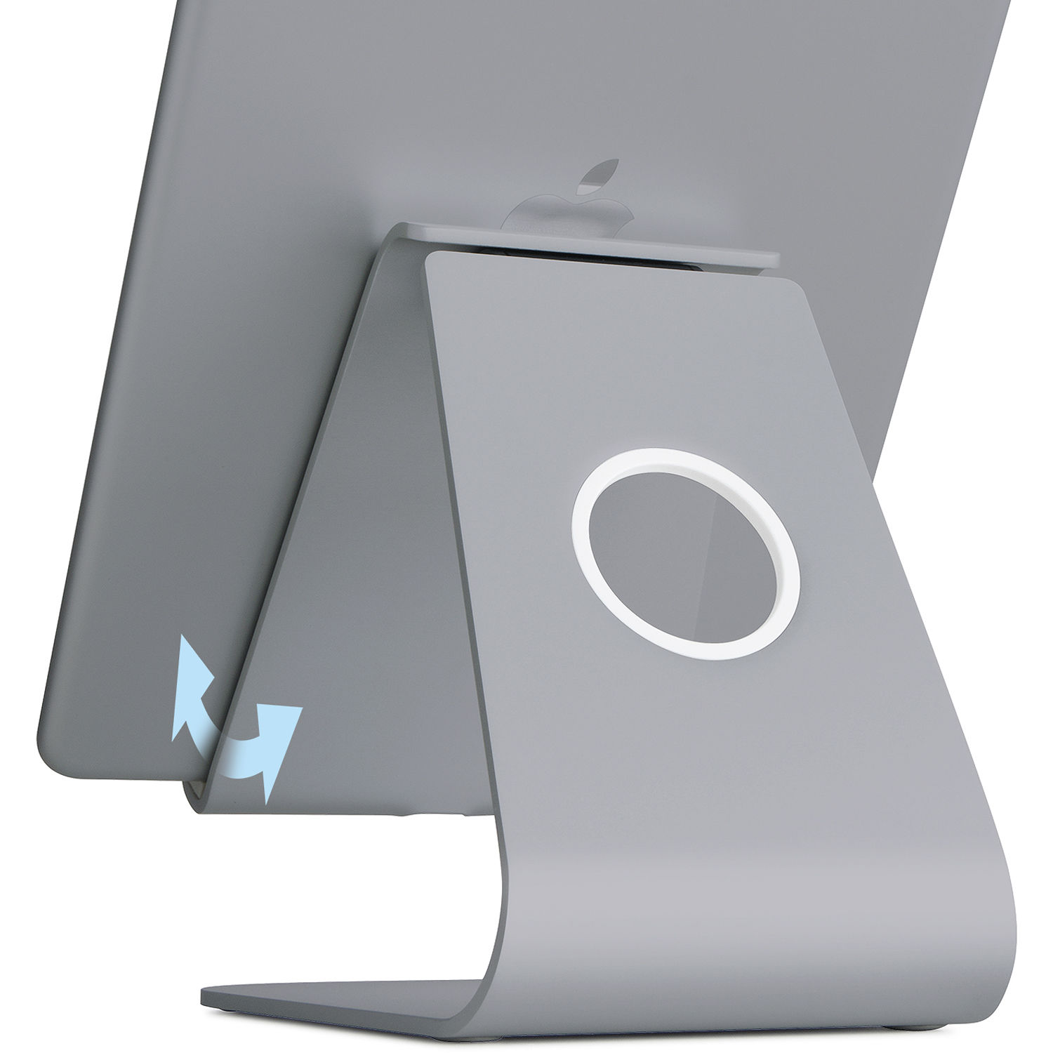 Rain Design mStand TabletPlus adjustable tablet stand in Space Grey on a desk — view 2