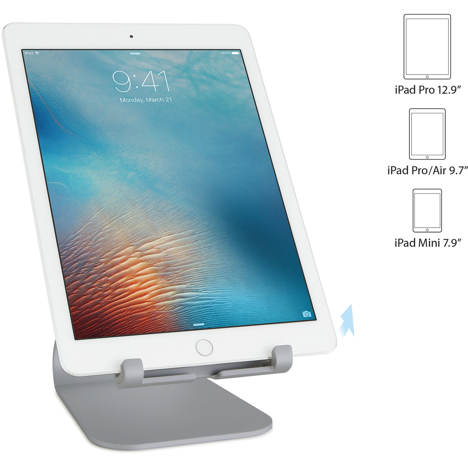 Rain Design mStand TabletPlus adjustable tablet stand in Space Grey on a desk — view 3